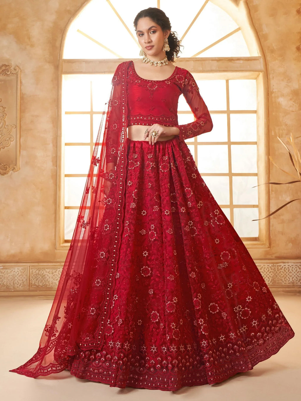 Astonishing Red Embroidered Net Bridesmaid Lehenga Choli