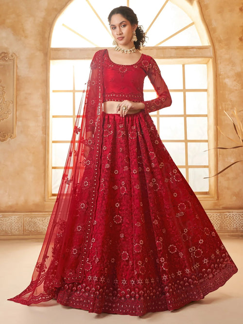Astonishing Red Embroidered Net Bridesmaid Lehenga Choli