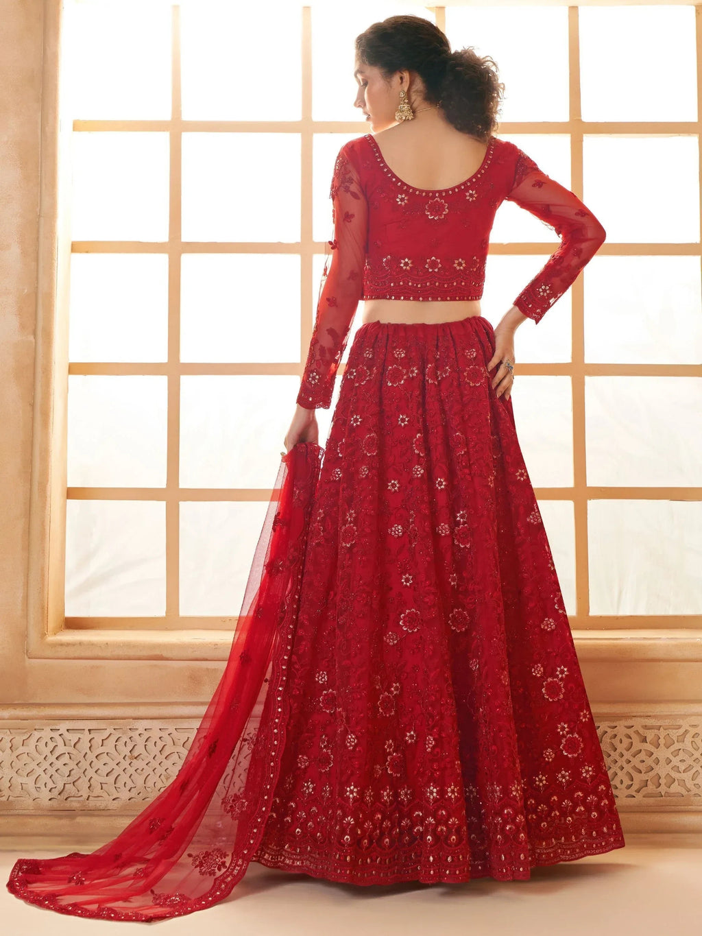 Astonishing Red Embroidered Net Bridesmaid Lehenga Choli