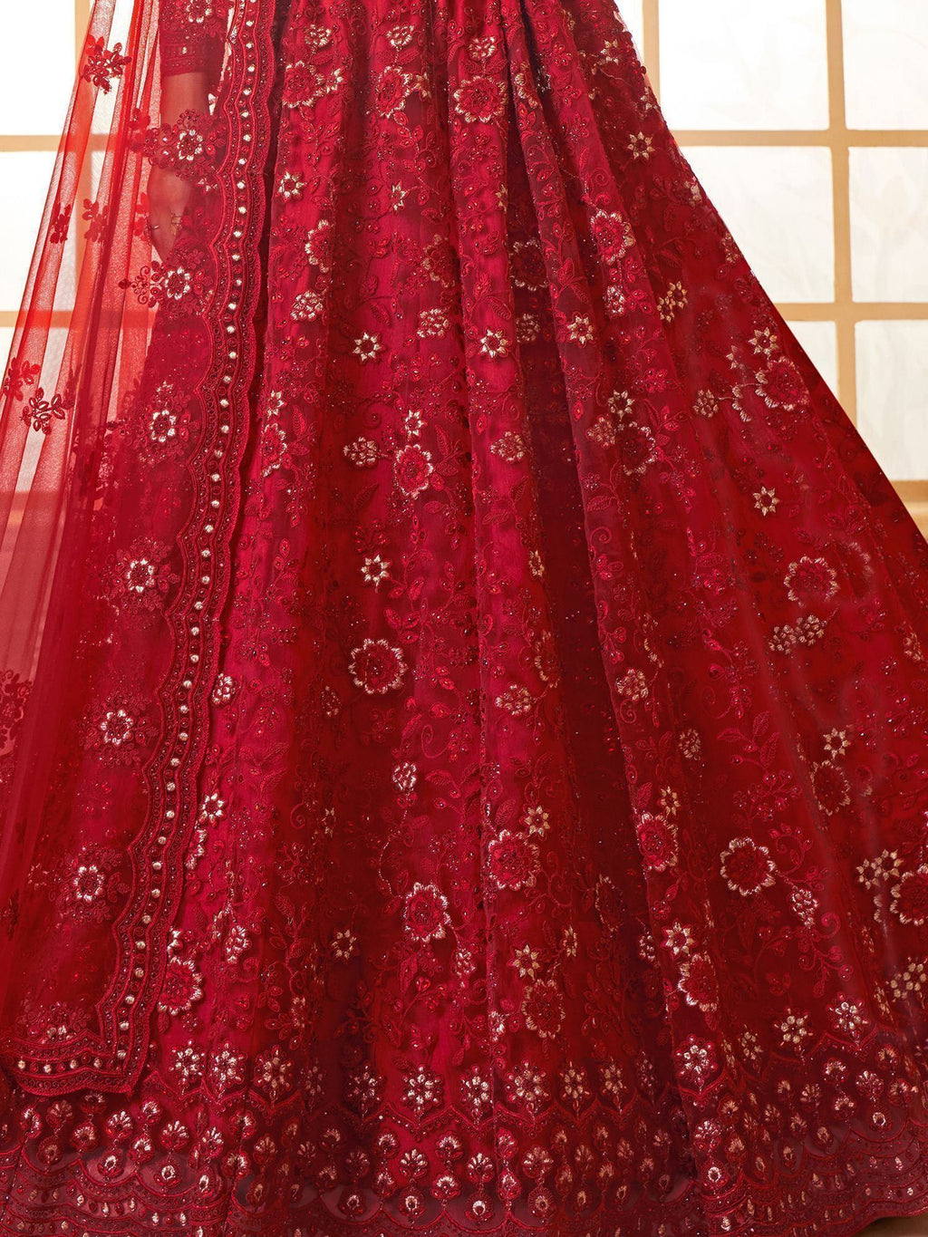 Astonishing Red Embroidered Net Bridesmaid Lehenga Choli