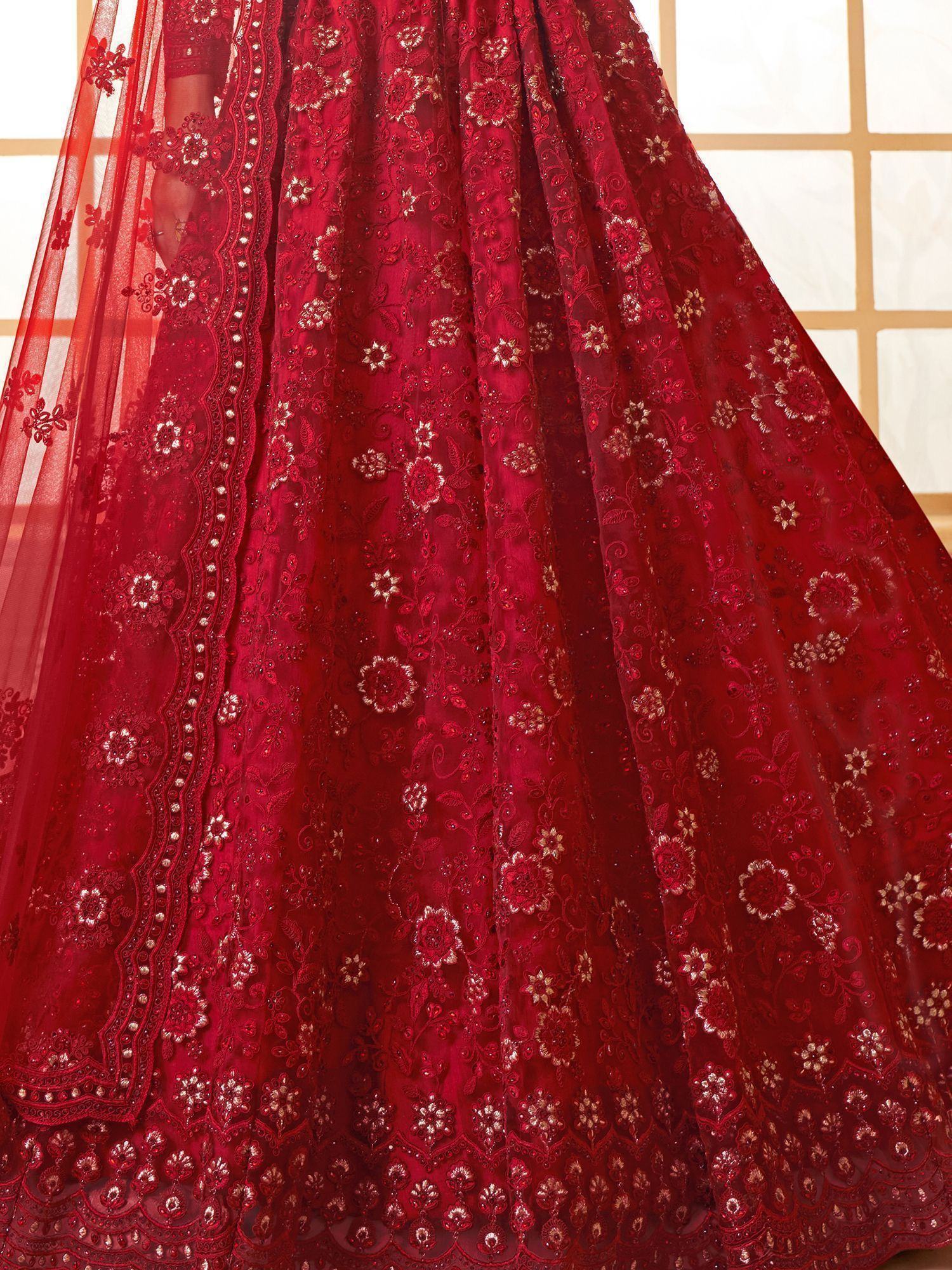 Astonishing Red Embroidered Net Bridesmaid Lehenga Choli
