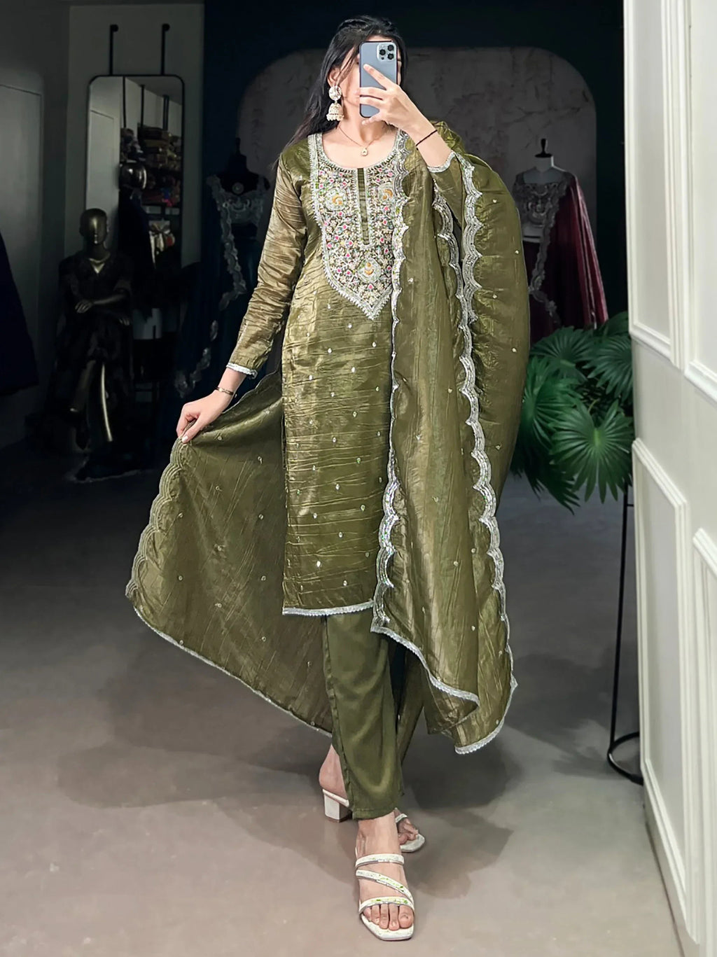 Astonishing Olive Green Thread Embroidered Mehendi Wear Pant Suit