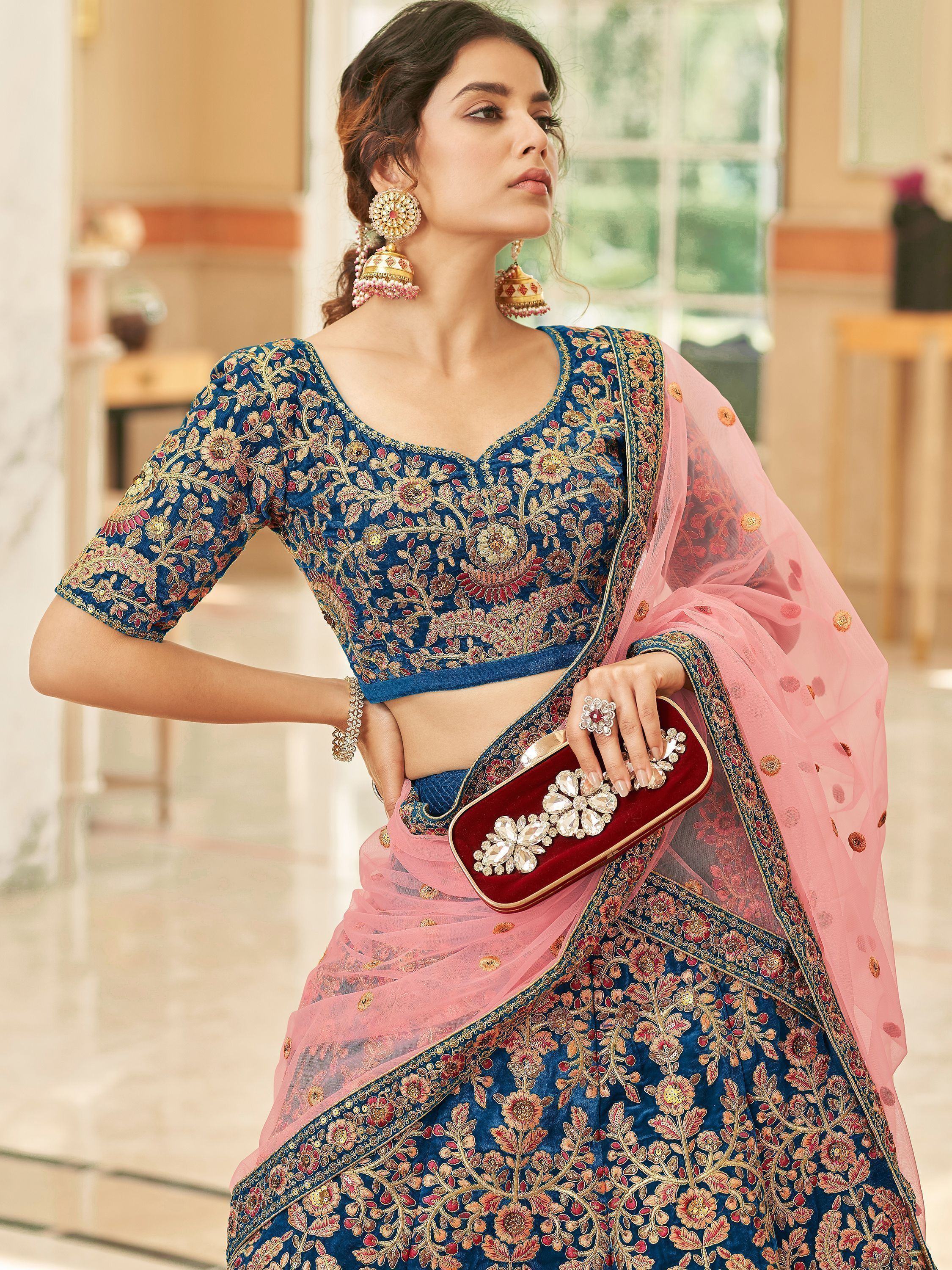 Blue Attractive Heavy Embroidery Velvet Wedding Wear Lehenga Choli
