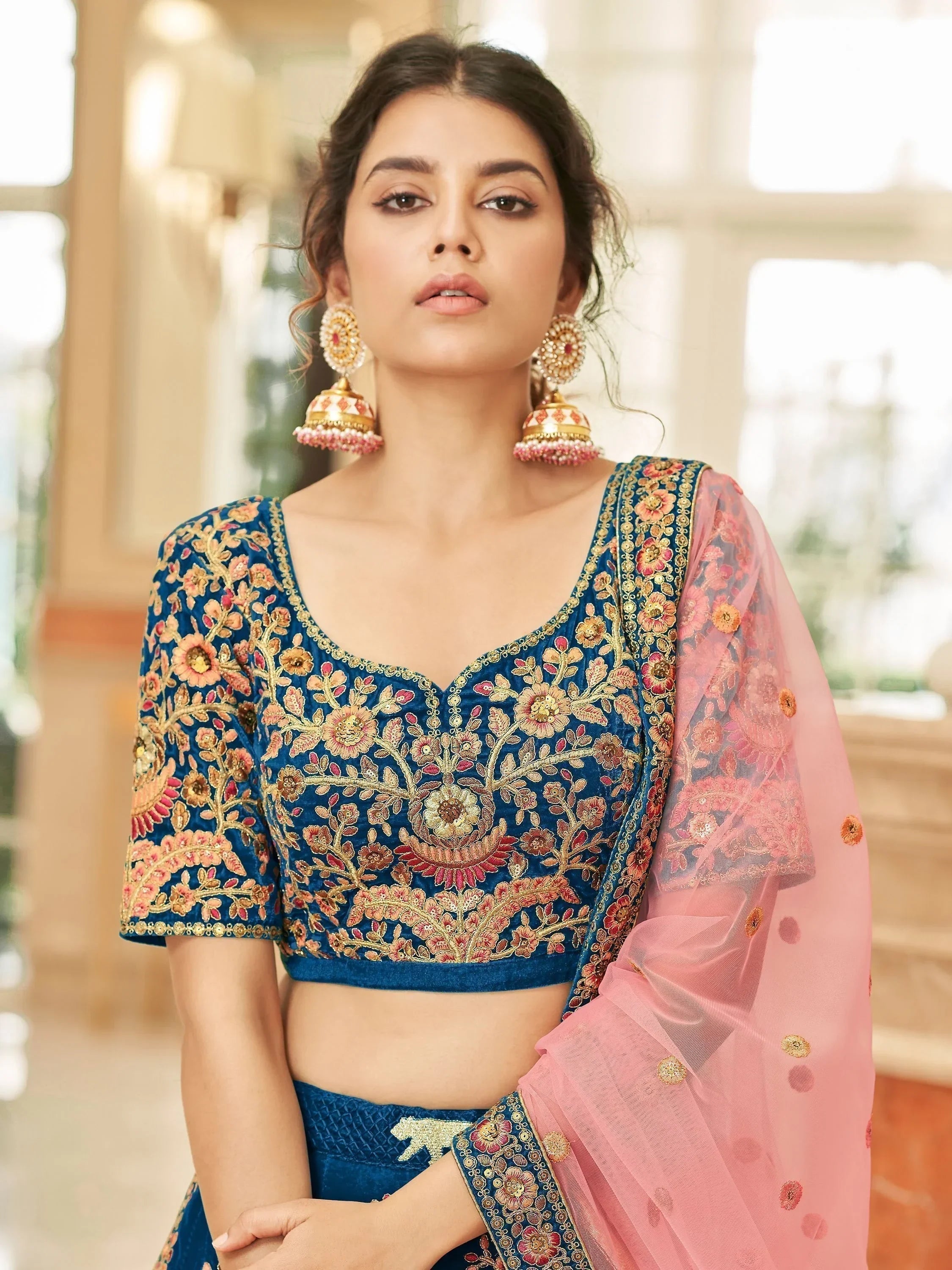 Blue Attractive Heavy Embroidery Velvet Wedding Wear Lehenga Choli