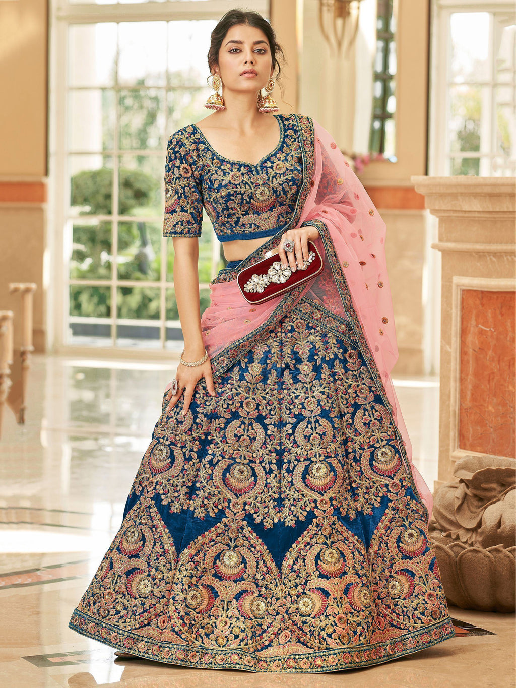 Blue Attractive Heavy Embroidery Velvet Wedding Wear Lehenga Choli