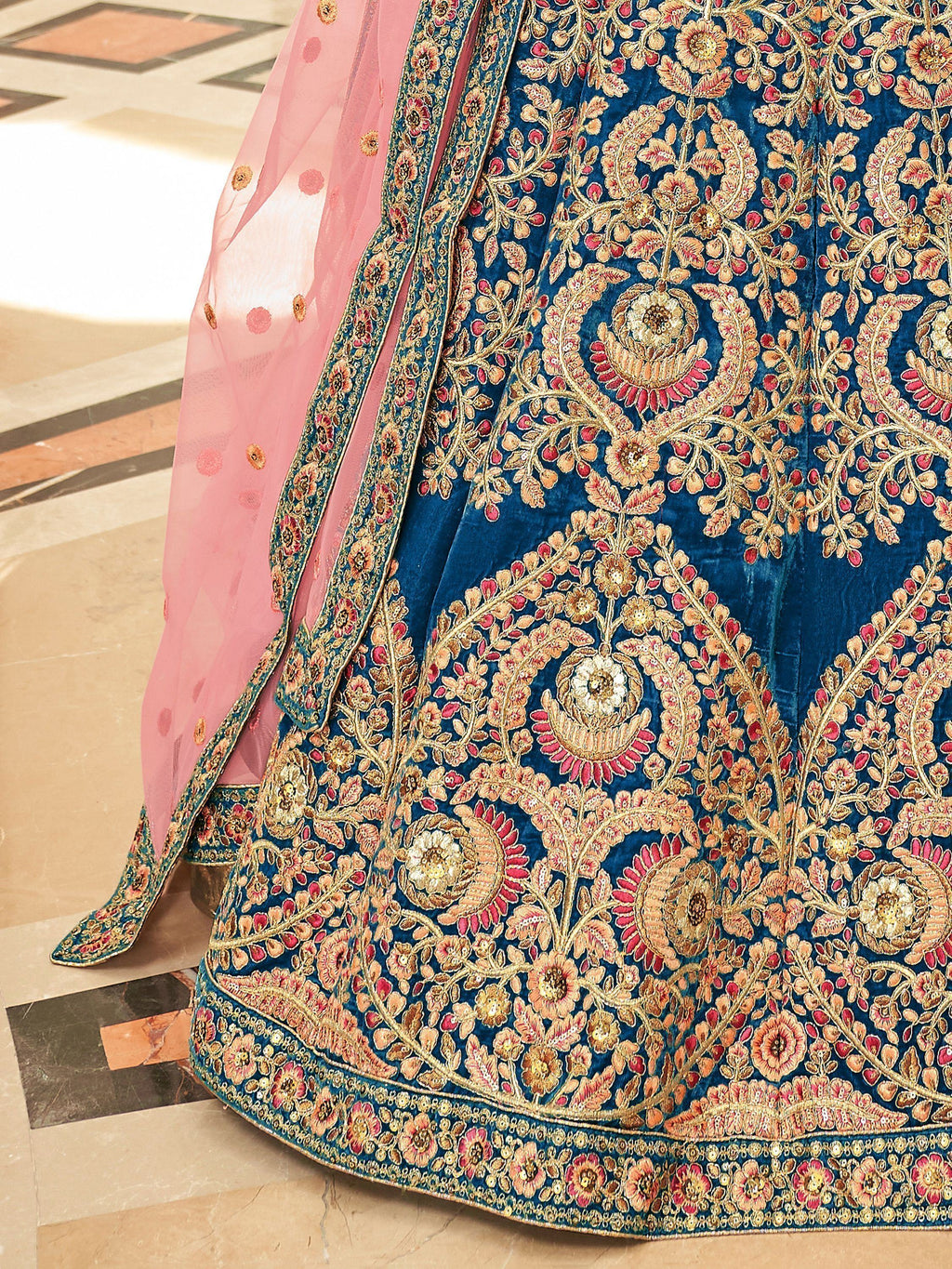 Blue Attractive Heavy Embroidery Velvet Wedding Wear Lehenga Choli