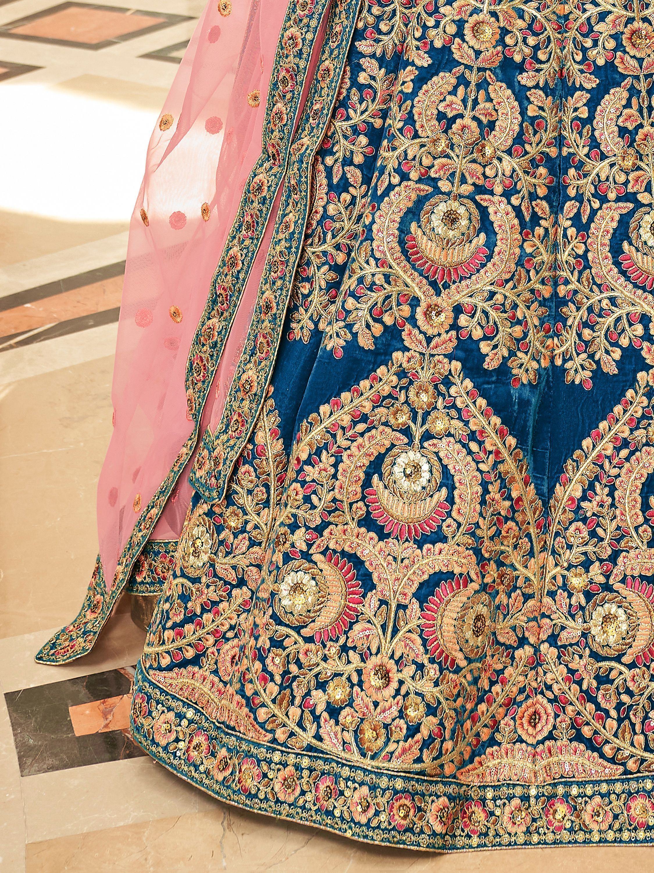 Blue Attractive Heavy Embroidery Velvet Wedding Wear Lehenga Choli