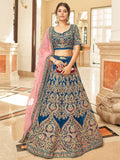 Blue Attractive Heavy Embroidery Velvet Wedding Wear Lehenga Choli