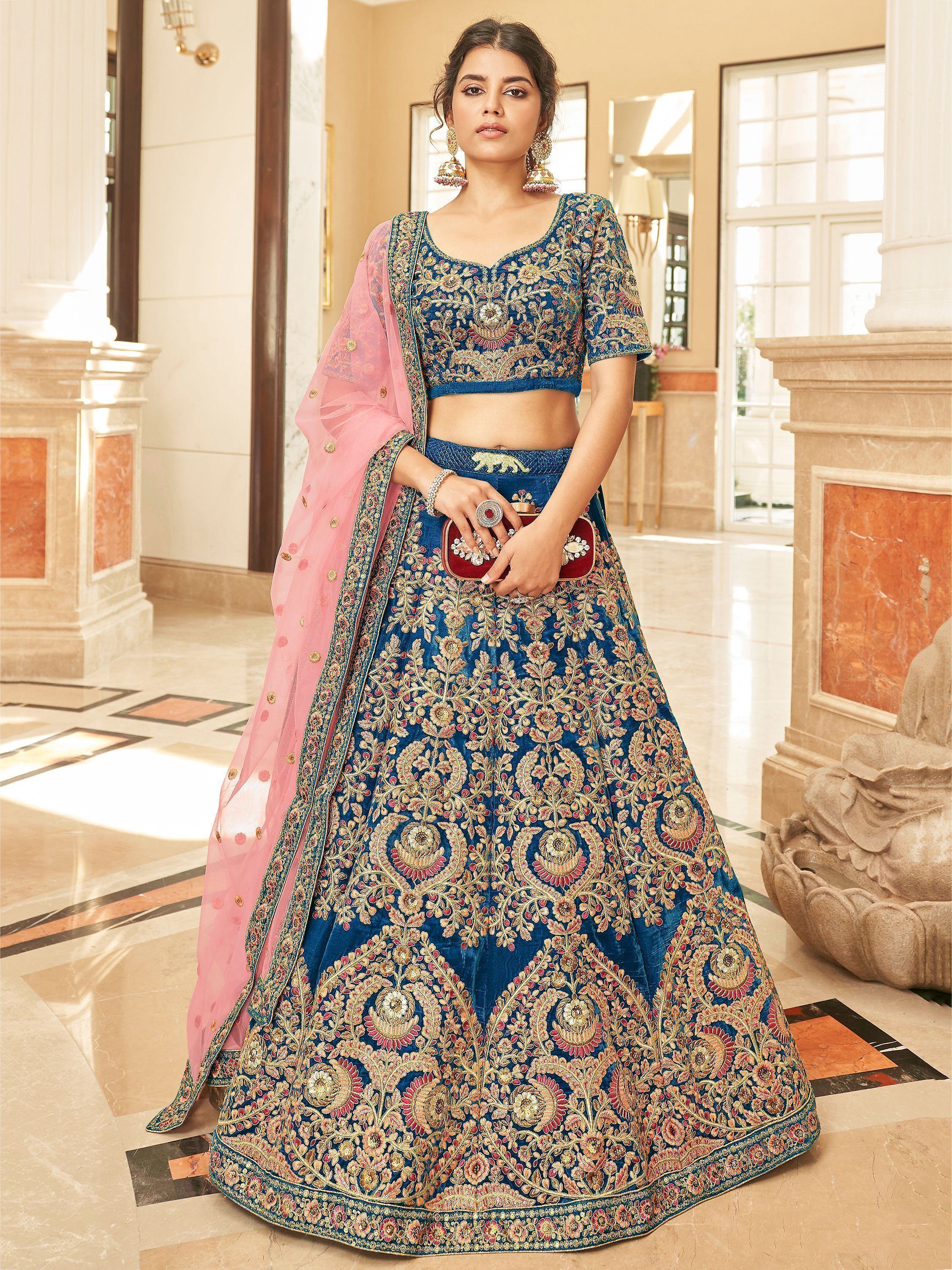 Blue Attractive Heavy Embroidery Velvet Wedding Wear Lehenga Choli