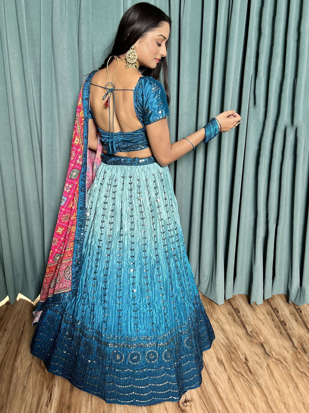 Attractive Blue Sequins Work Silk Function Wear Lehenga Choli With Dupatta