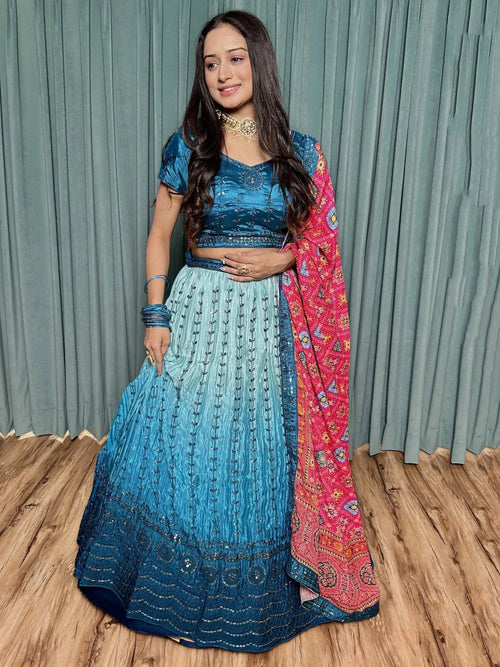 Attractive Blue Sequins Work Silk Function Wear Lehenga Choli With Dupatta