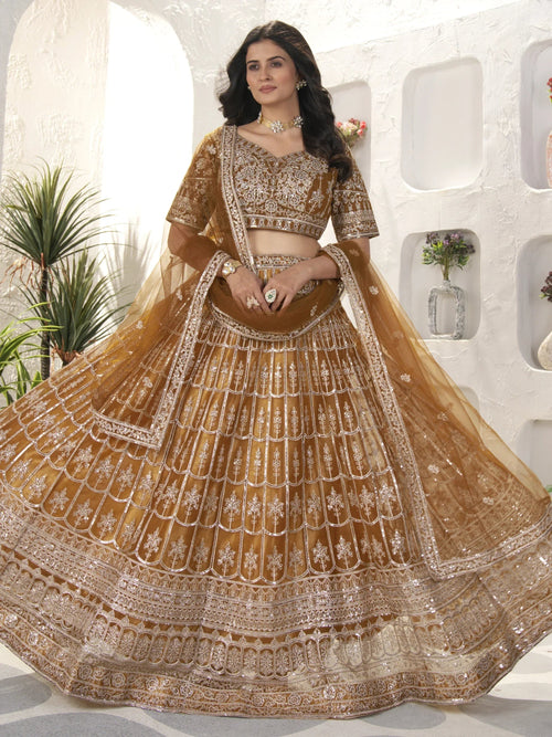 Attractive Brown Sequins Net Designer Lehenga Choli With Dupatta