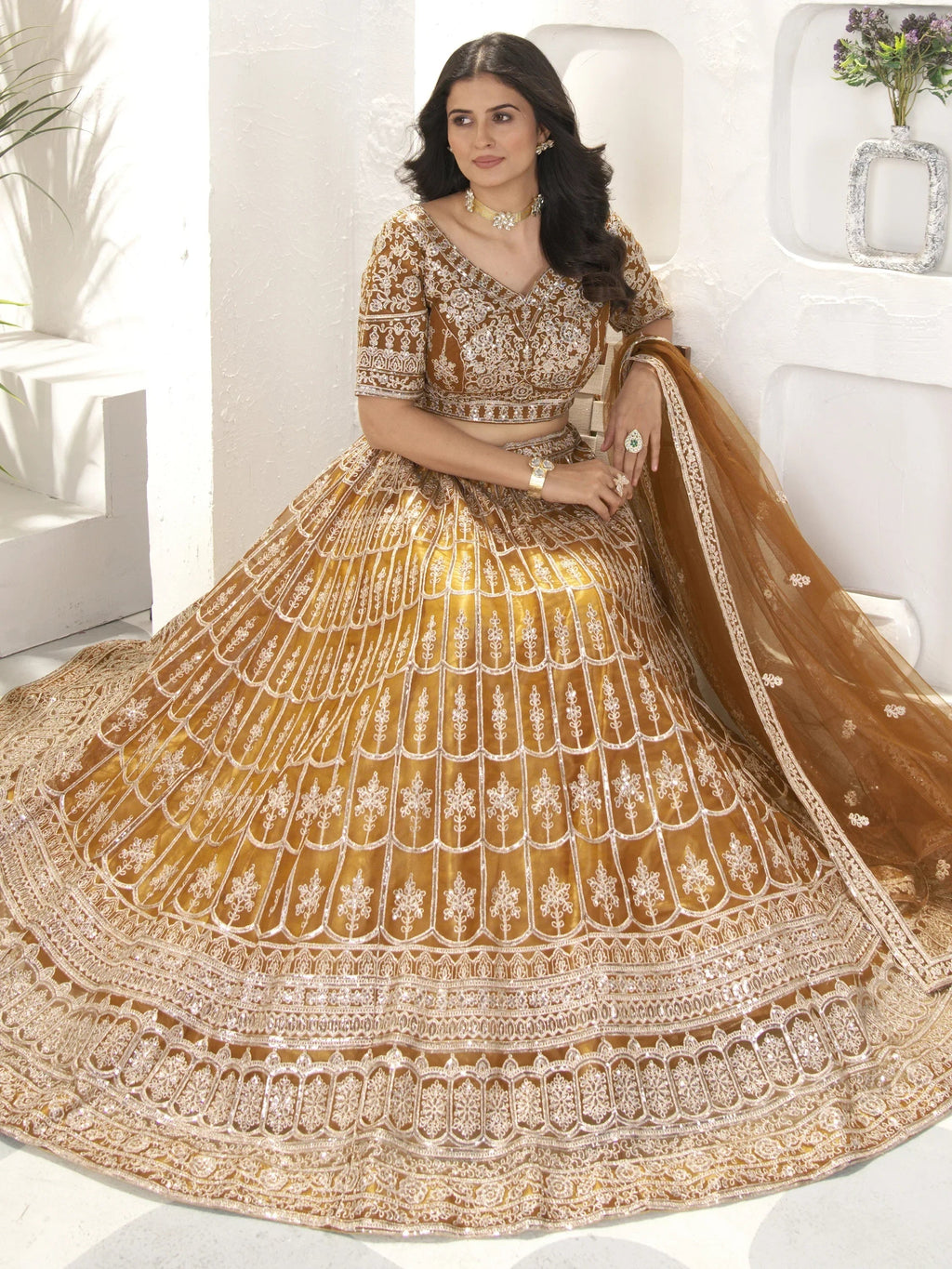 Attractive Brown Sequins Net Designer Lehenga Choli With Dupatta