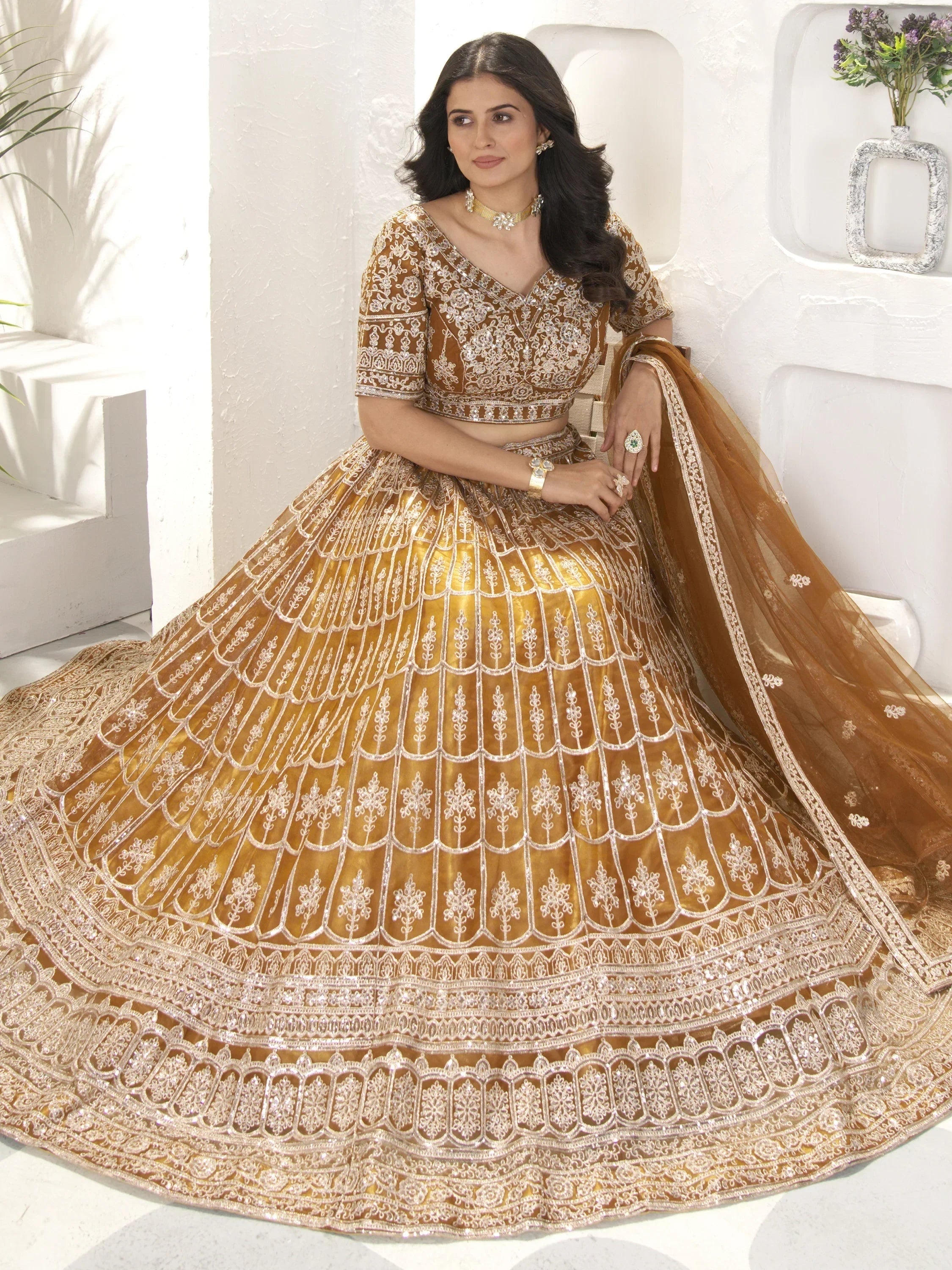 Attractive Brown Sequins Net Designer Lehenga Choli With Dupatta