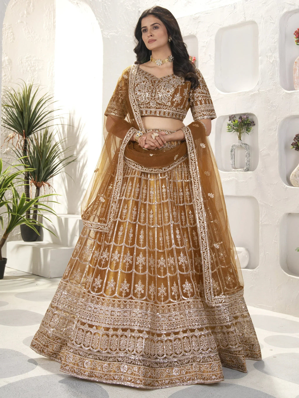 Attractive Brown Sequins Net Designer Lehenga Choli With Dupatta