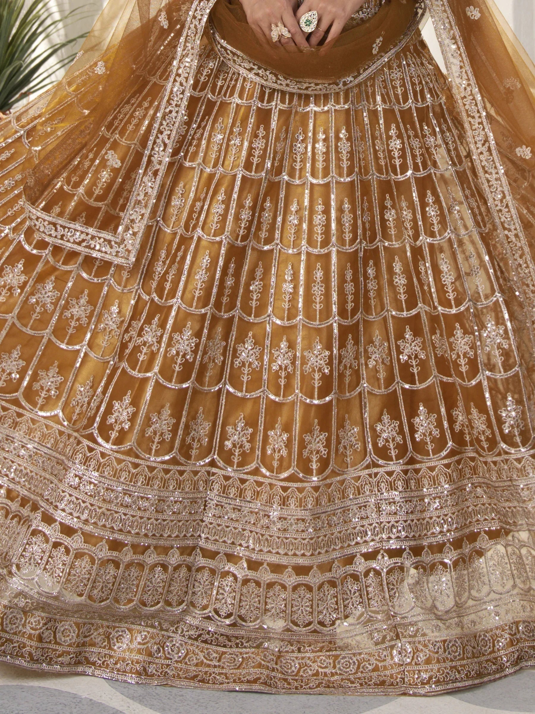 Attractive Brown Sequins Net Designer Lehenga Choli With Dupatta
