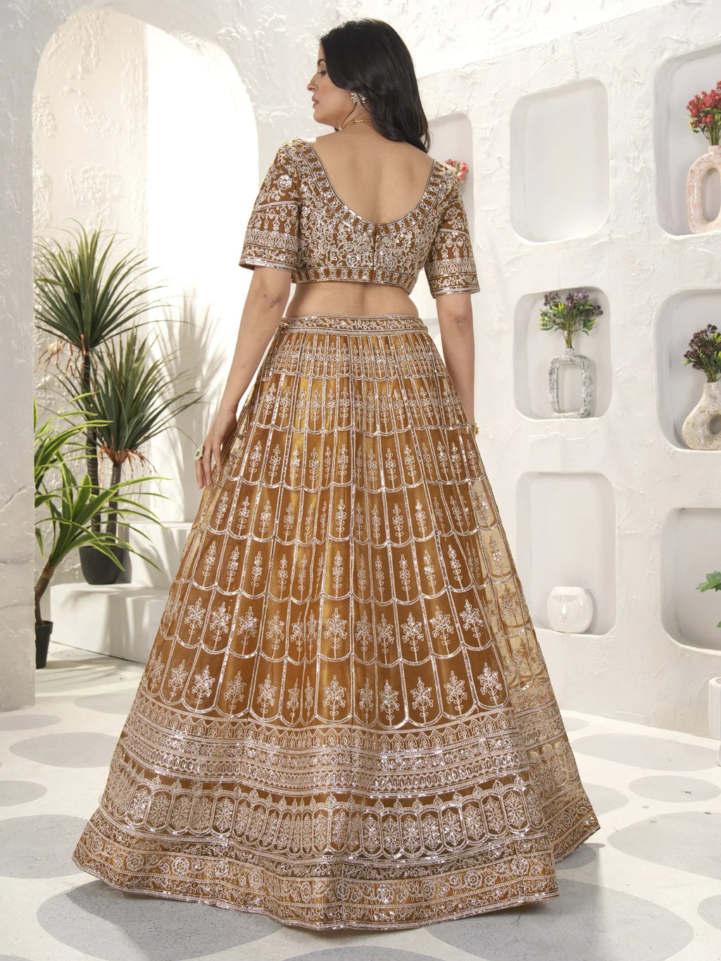 Attractive Brown Sequins Net Designer Lehenga Choli With Dupatta