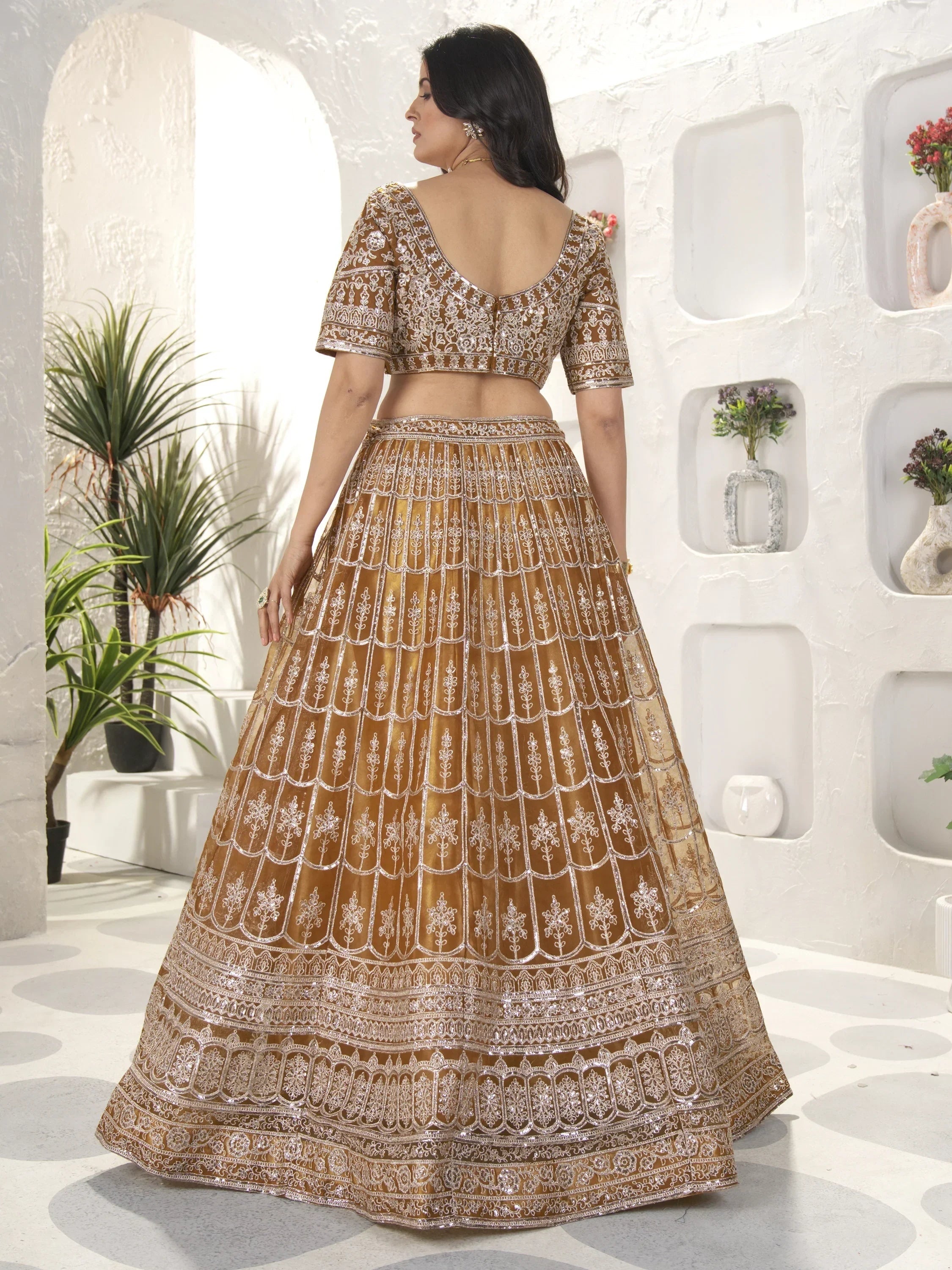 Attractive Brown Sequins Net Designer Lehenga Choli With Dupatta