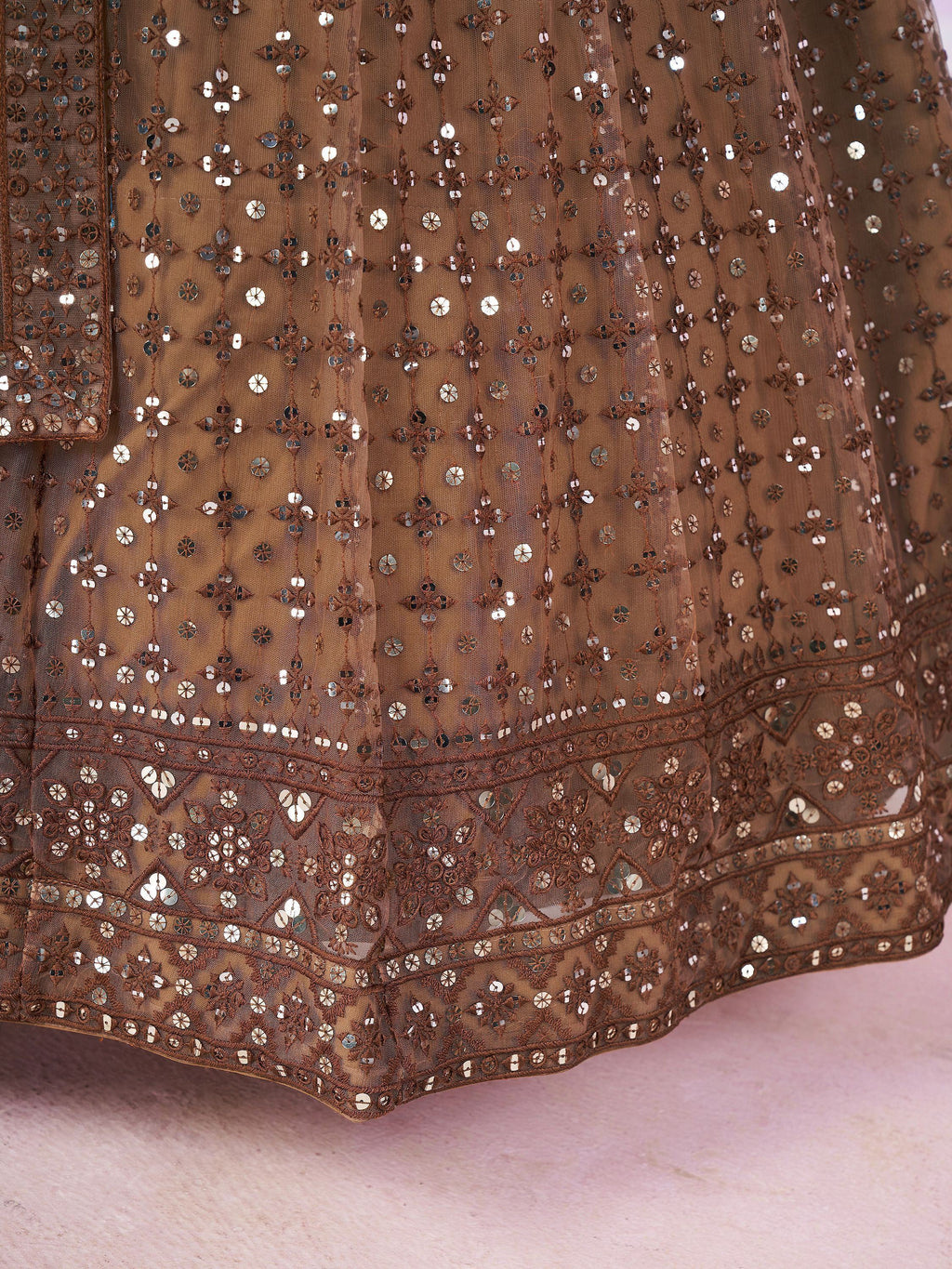 Attractive Brown Sequins Soft Net Engagement Wear Lehenga Choli
