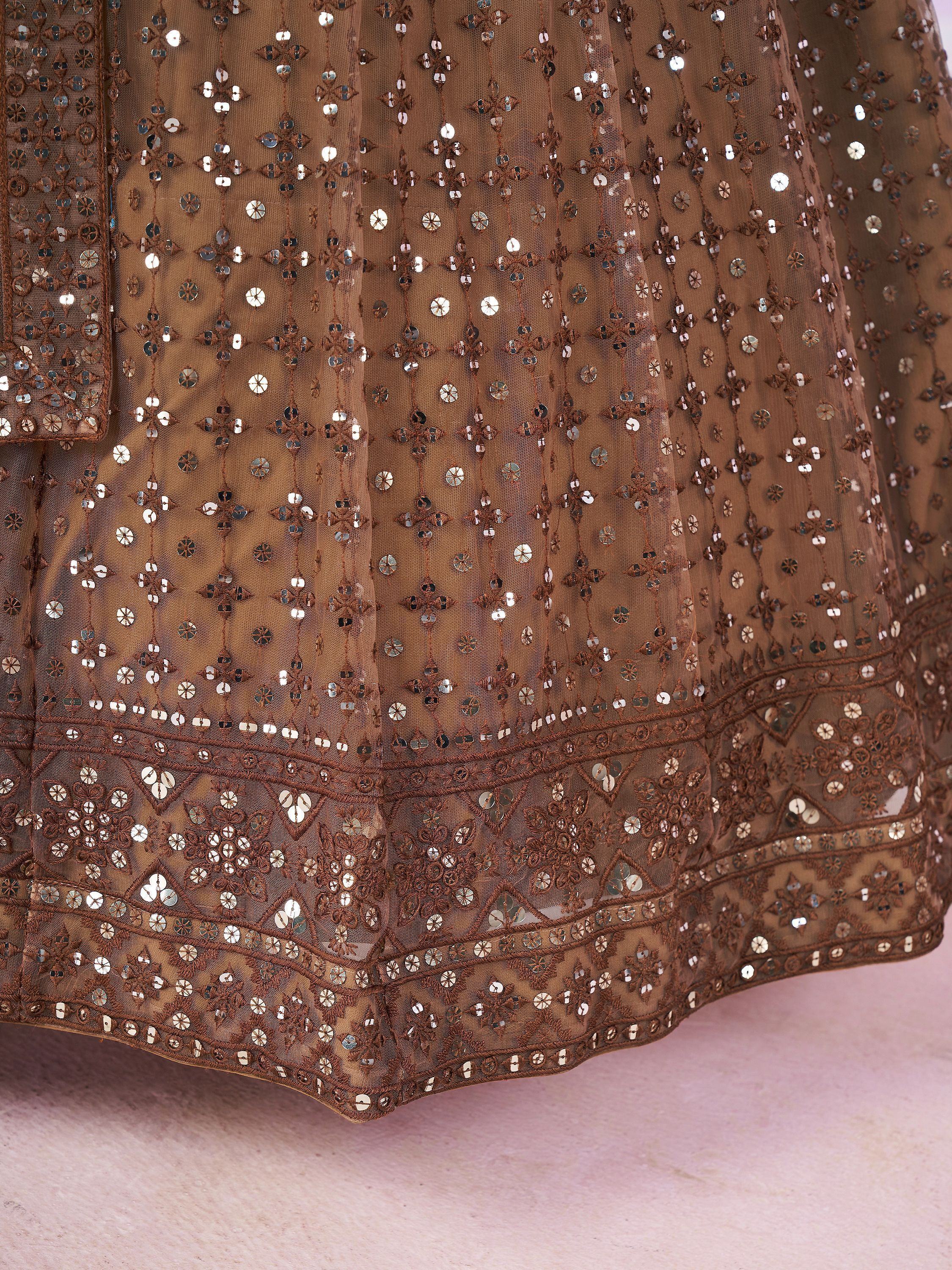 Attractive Brown Sequins Soft Net Engagement Wear Lehenga Choli