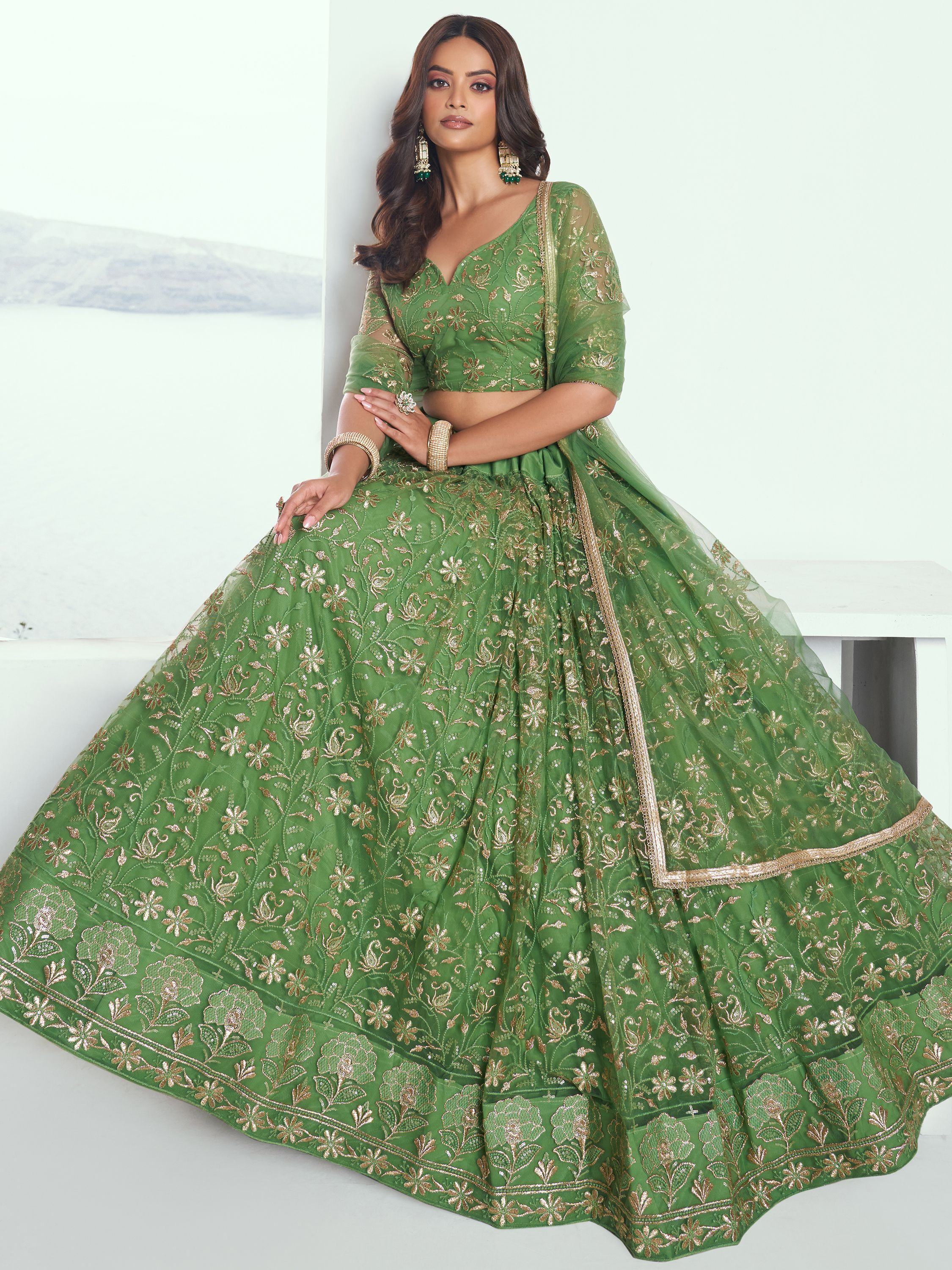 Attractive Green Color Embroidered Net Mehendi Wear Lehenga Choli