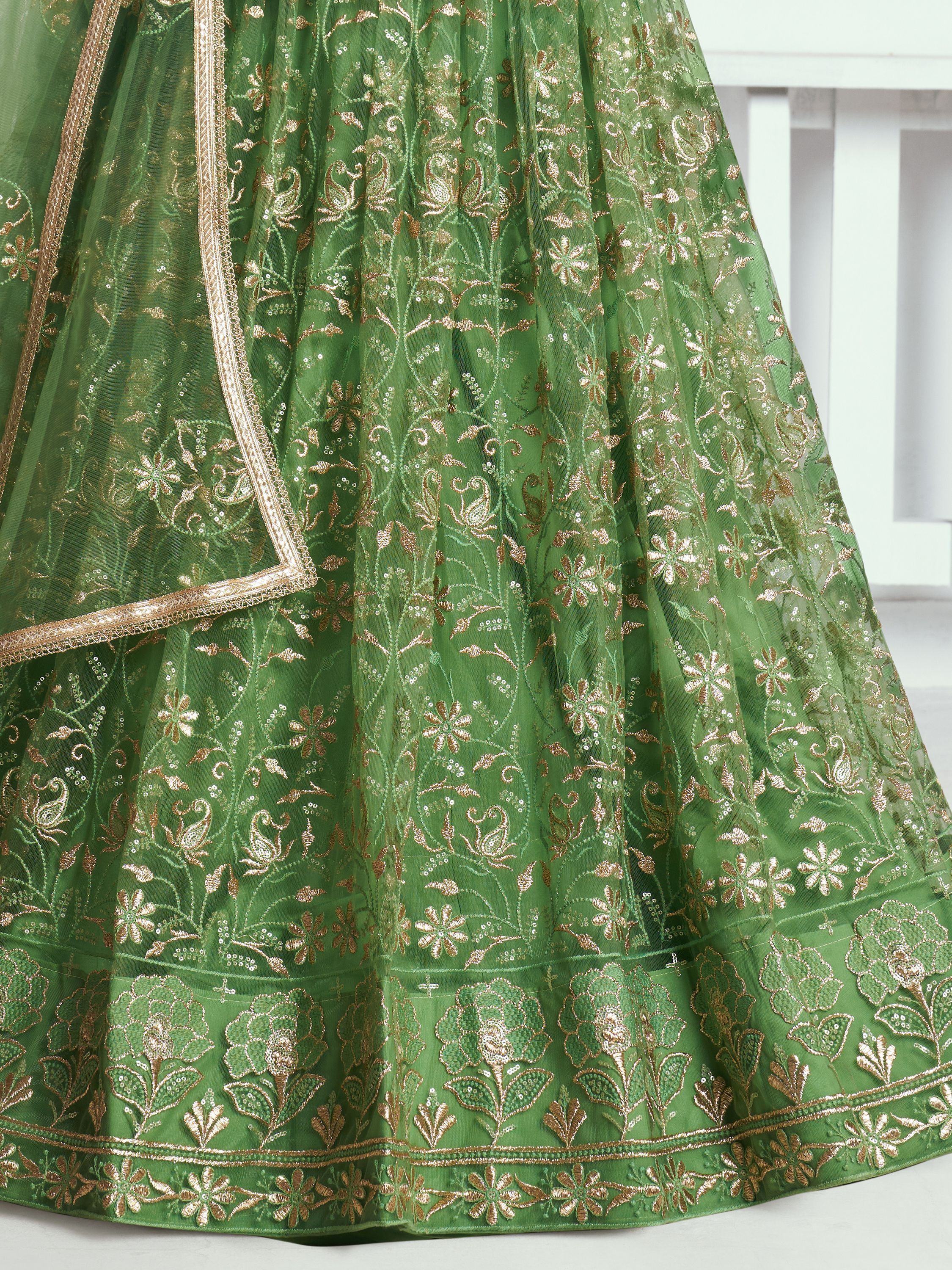 Attractive Green Color Embroidered Net Mehendi Wear Lehenga Choli