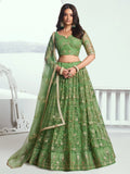 Attractive Green Color Embroidered Net Mehendi Wear Lehenga Choli