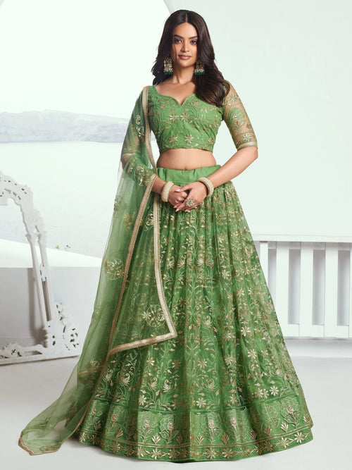Attractive Green Color Embroidered Net Mehendi Wear Lehenga Choli