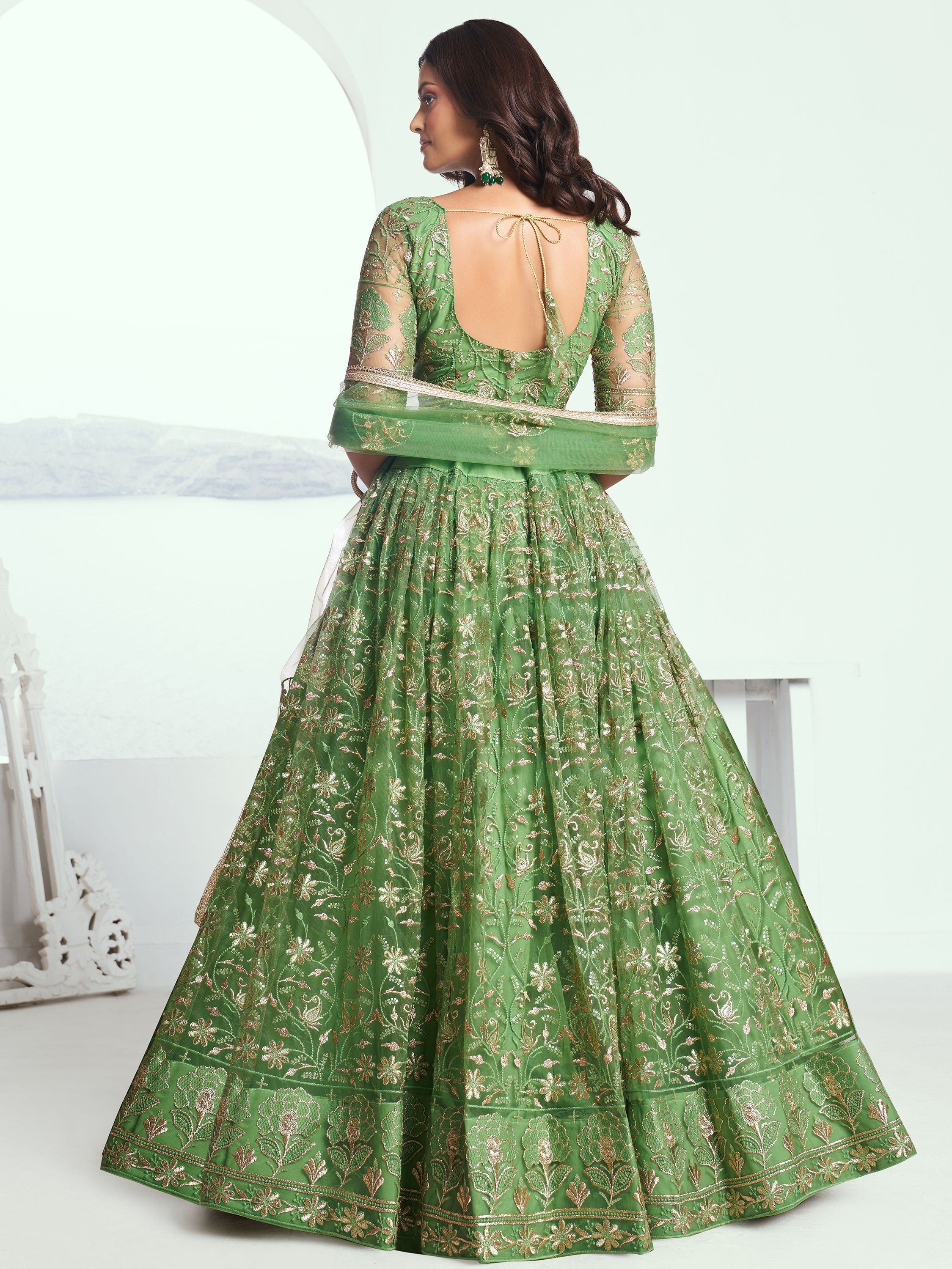 Attractive Green Color Embroidered Net Mehendi Wear Lehenga Choli