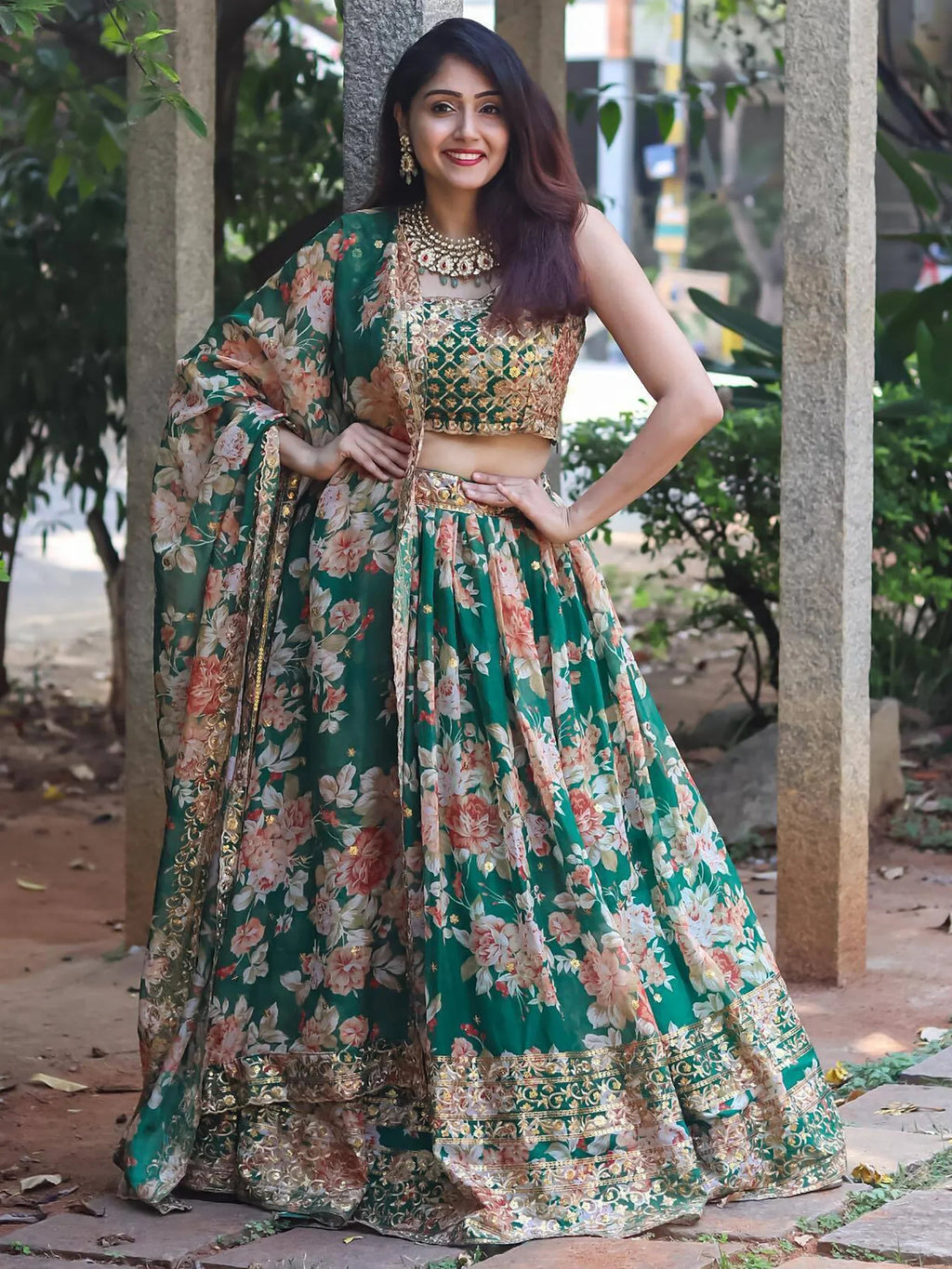 Attractive Green Floral Printed Organza Wedding Wear Lehenga Choli