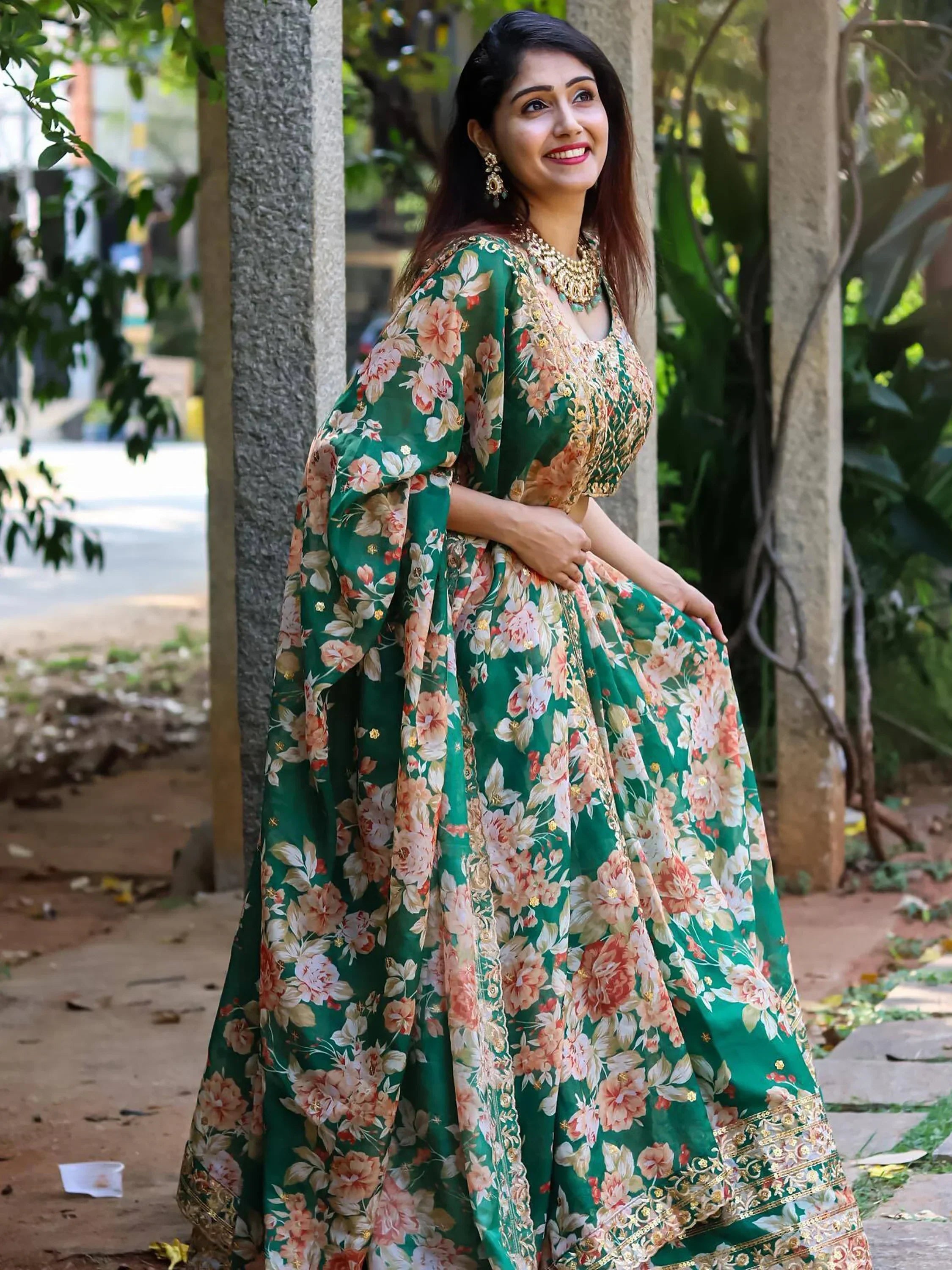 Attractive Green Floral Printed Organza Wedding Wear Lehenga Choli