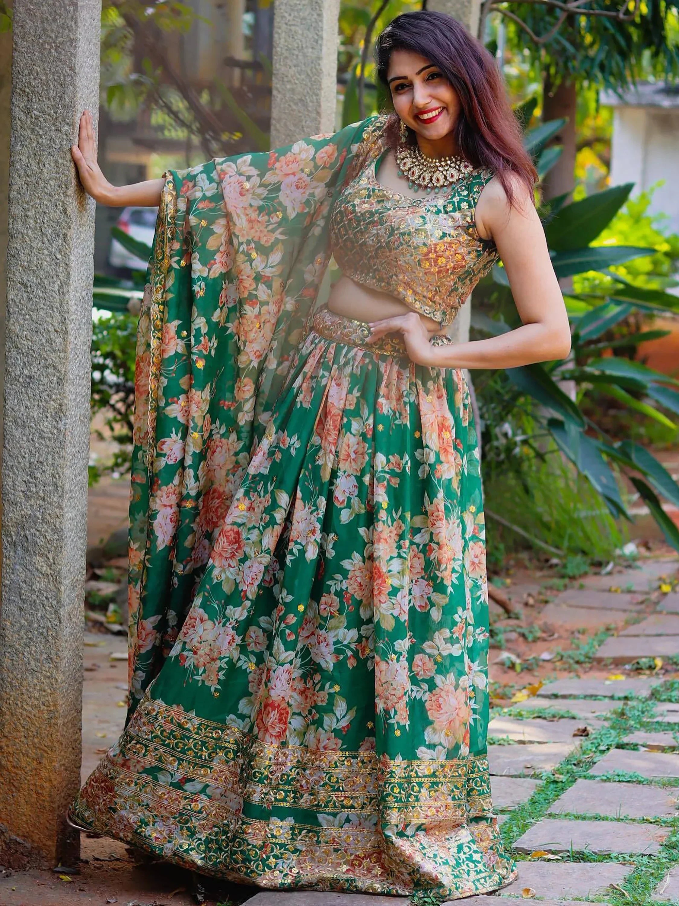 Attractive Green Floral Printed Organza Wedding Wear Lehenga Choli