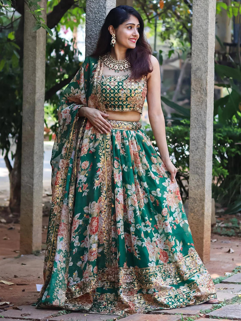 Attractive Green Floral Printed Organza Wedding Wear Lehenga Choli