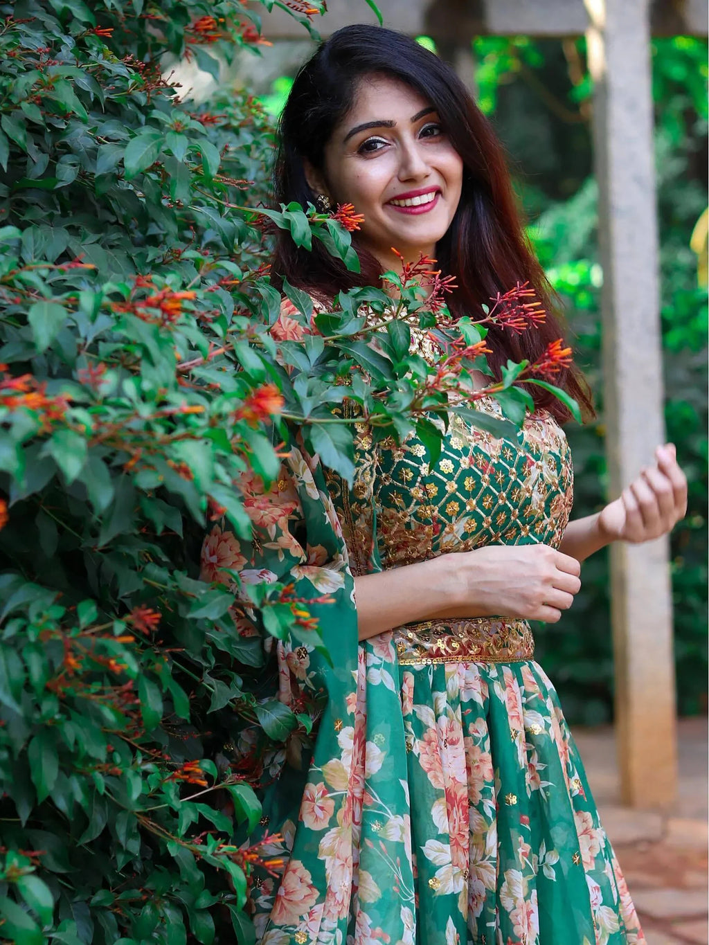 Attractive Green Floral Printed Organza Wedding Wear Lehenga Choli