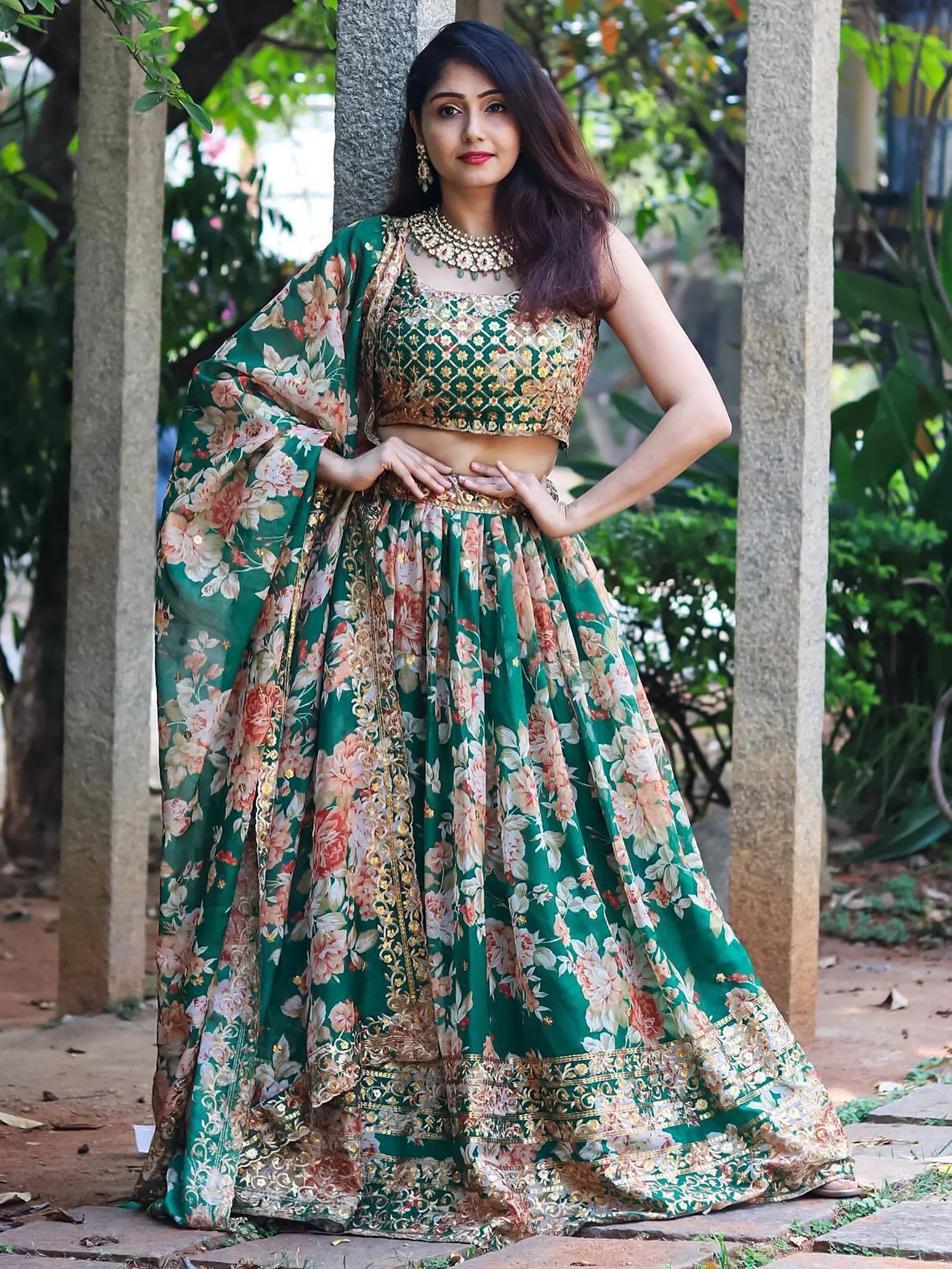 Attractive Green Floral Printed Organza Wedding Wear Lehenga Choli