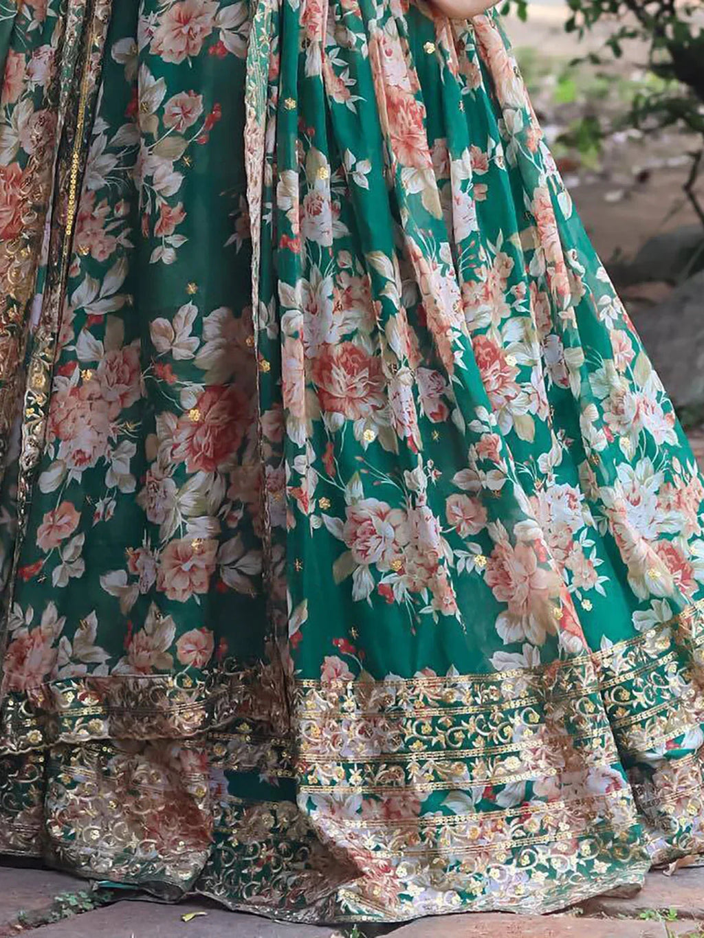 Attractive Green Floral Printed Organza Wedding Wear Lehenga Choli