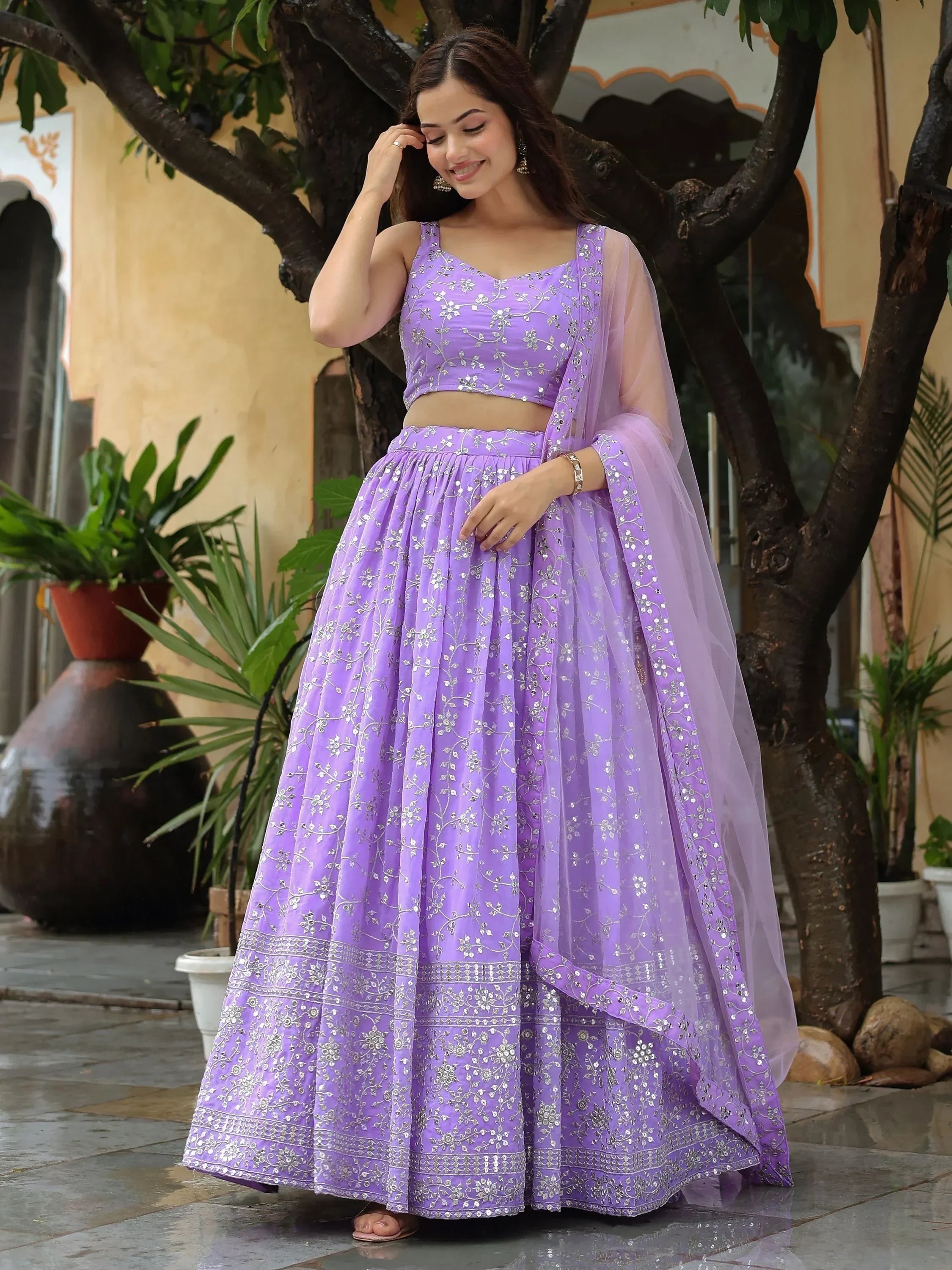 Attractive Lavender Embroidered Georgette Wedding Wear Lehenga Choli
