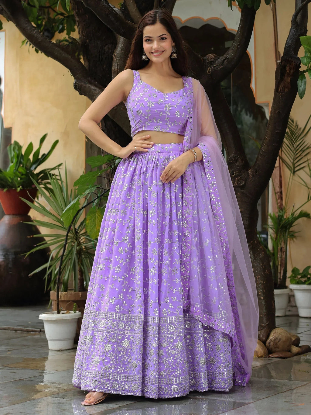 Attractive Lavender Embroidered Georgette Wedding Wear Lehenga Choli