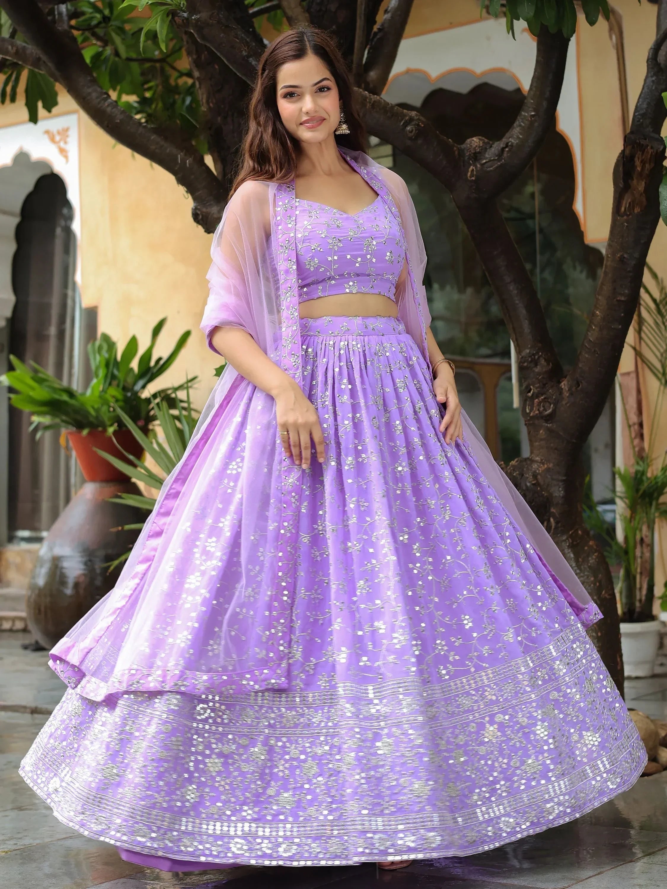 Attractive Lavender Embroidered Georgette Wedding Wear Lehenga Choli