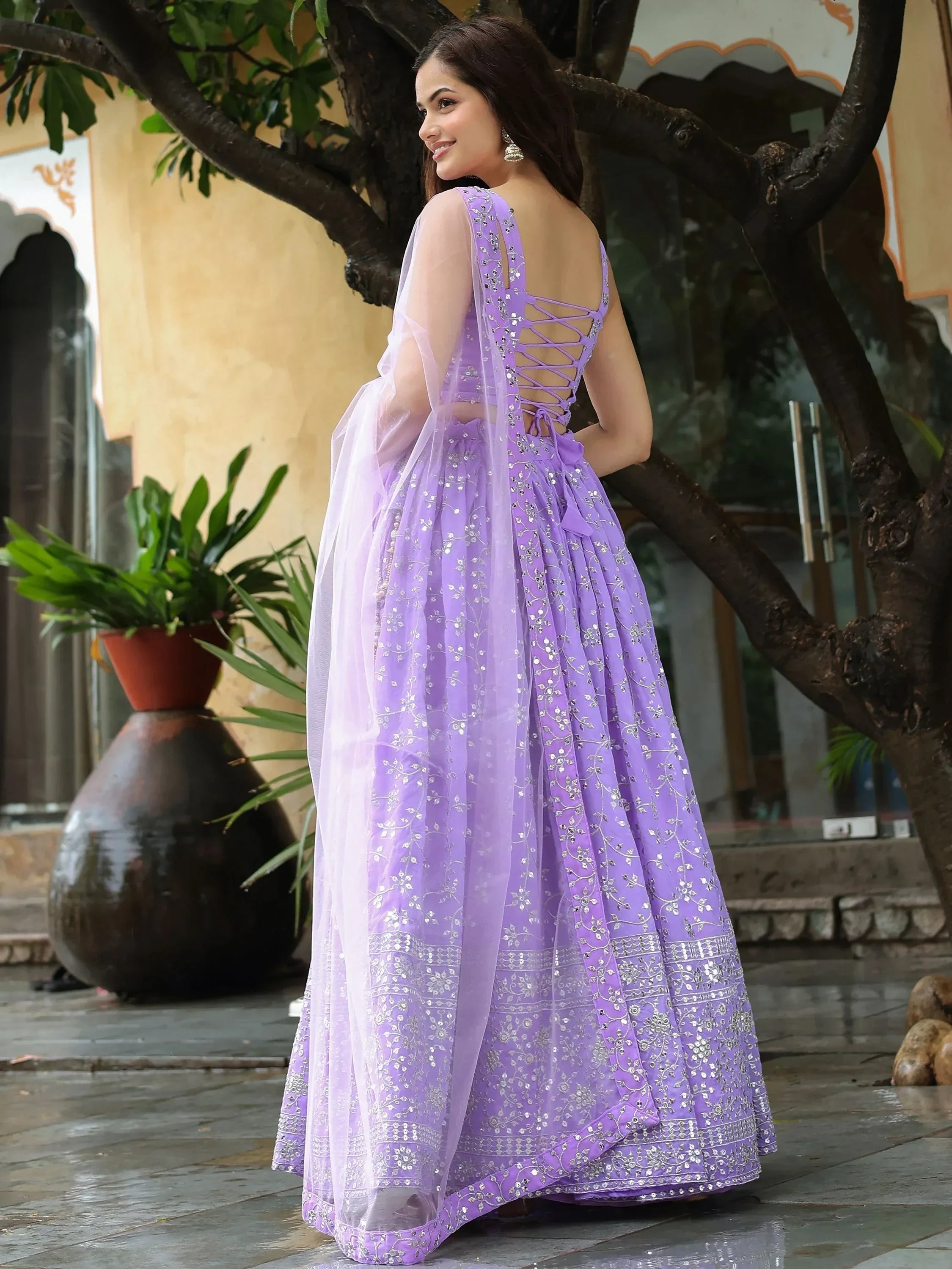 Attractive Lavender Embroidered Georgette Wedding Wear Lehenga Choli