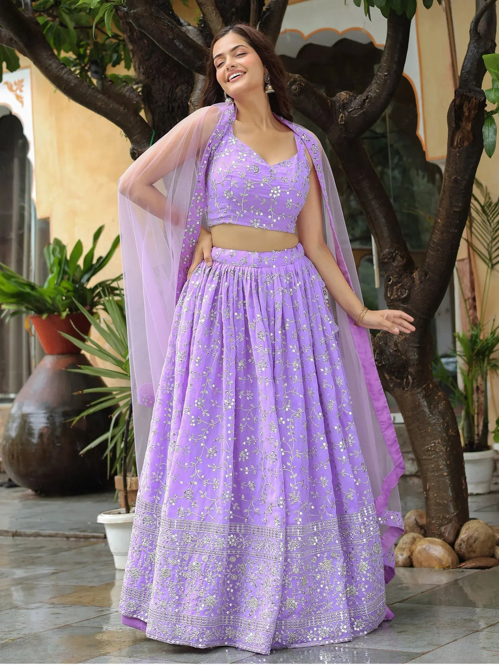 Attractive Lavender Embroidered Georgette Wedding Wear Lehenga Choli