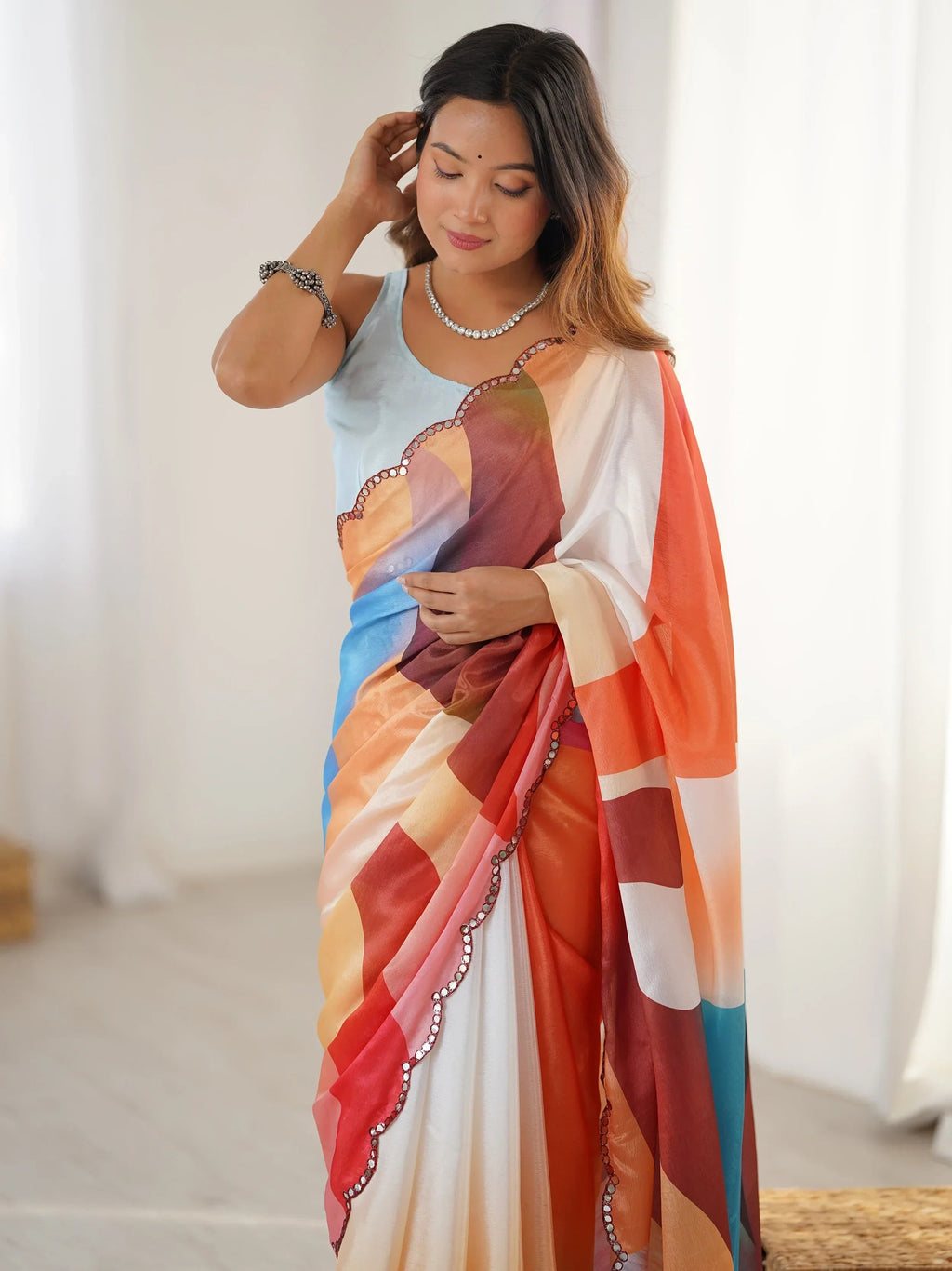 Attractive Beautiful Chinon Digital Printed Saree With Blouse