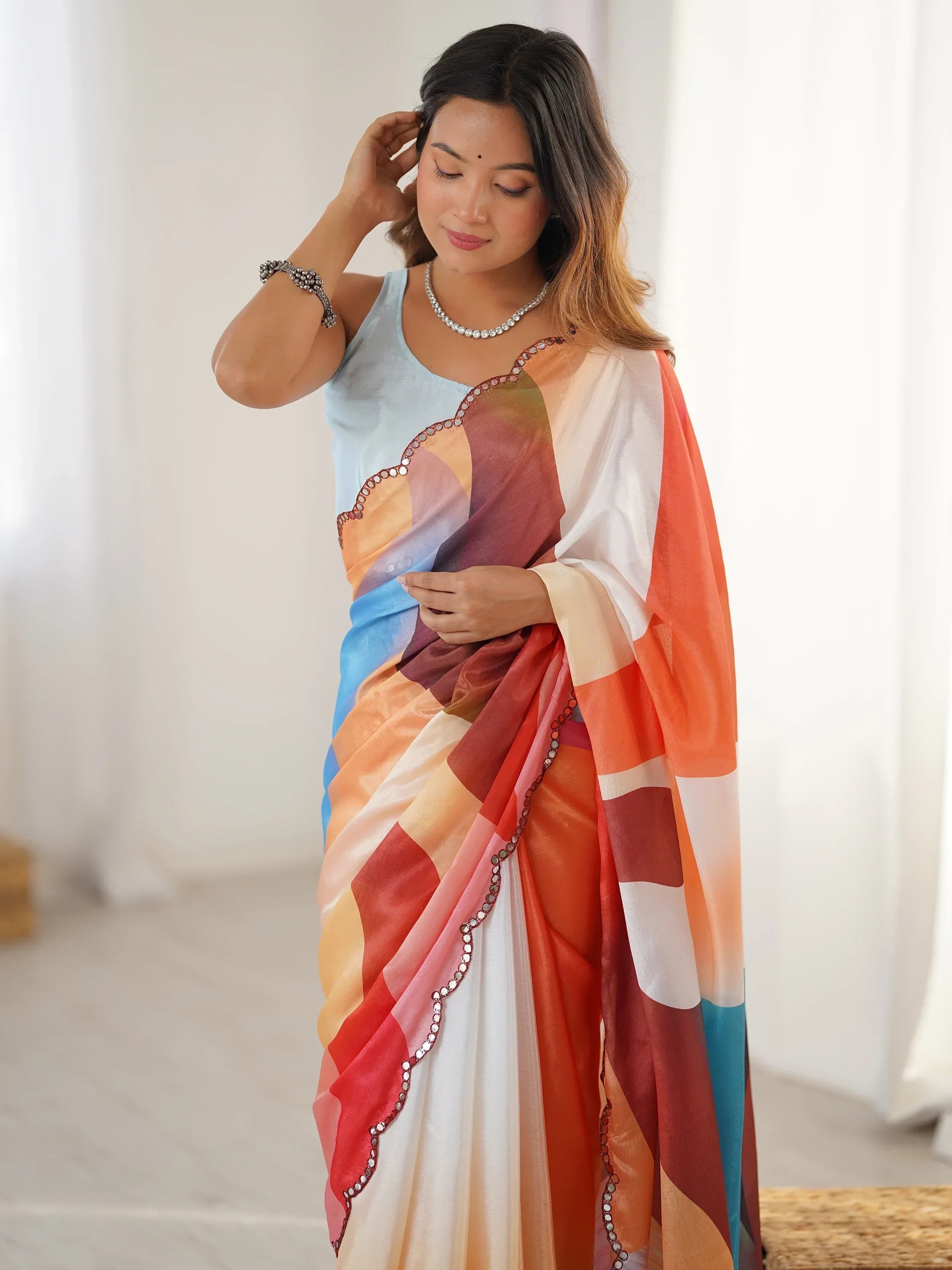 Attractive Beautiful Chinon Digital Printed Saree With Blouse