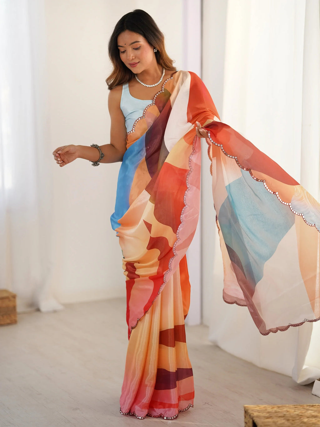 Attractive Beautiful Chinon Digital Printed Saree With Blouse