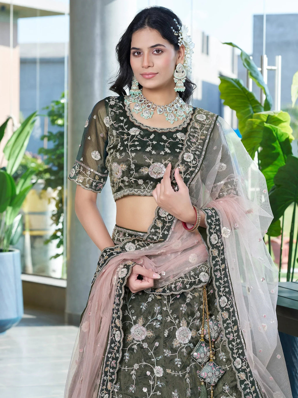 Attractive Olive Green Jarkan Work Silk Mehendi Wear Lehenga Choli