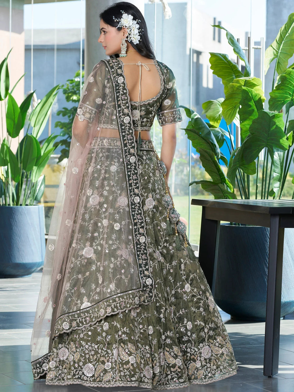 Attractive Olive Green Jarkan Work Silk Mehendi Wear Lehenga Choli