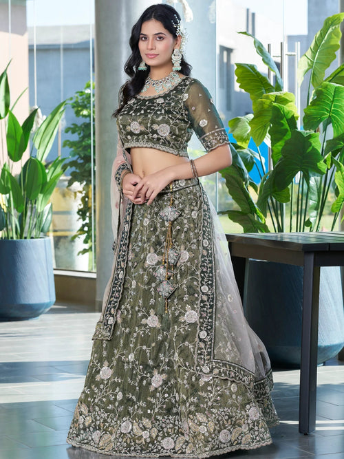 Attractive Olive Green Jarkan Work Silk Mehendi Wear Lehenga Choli