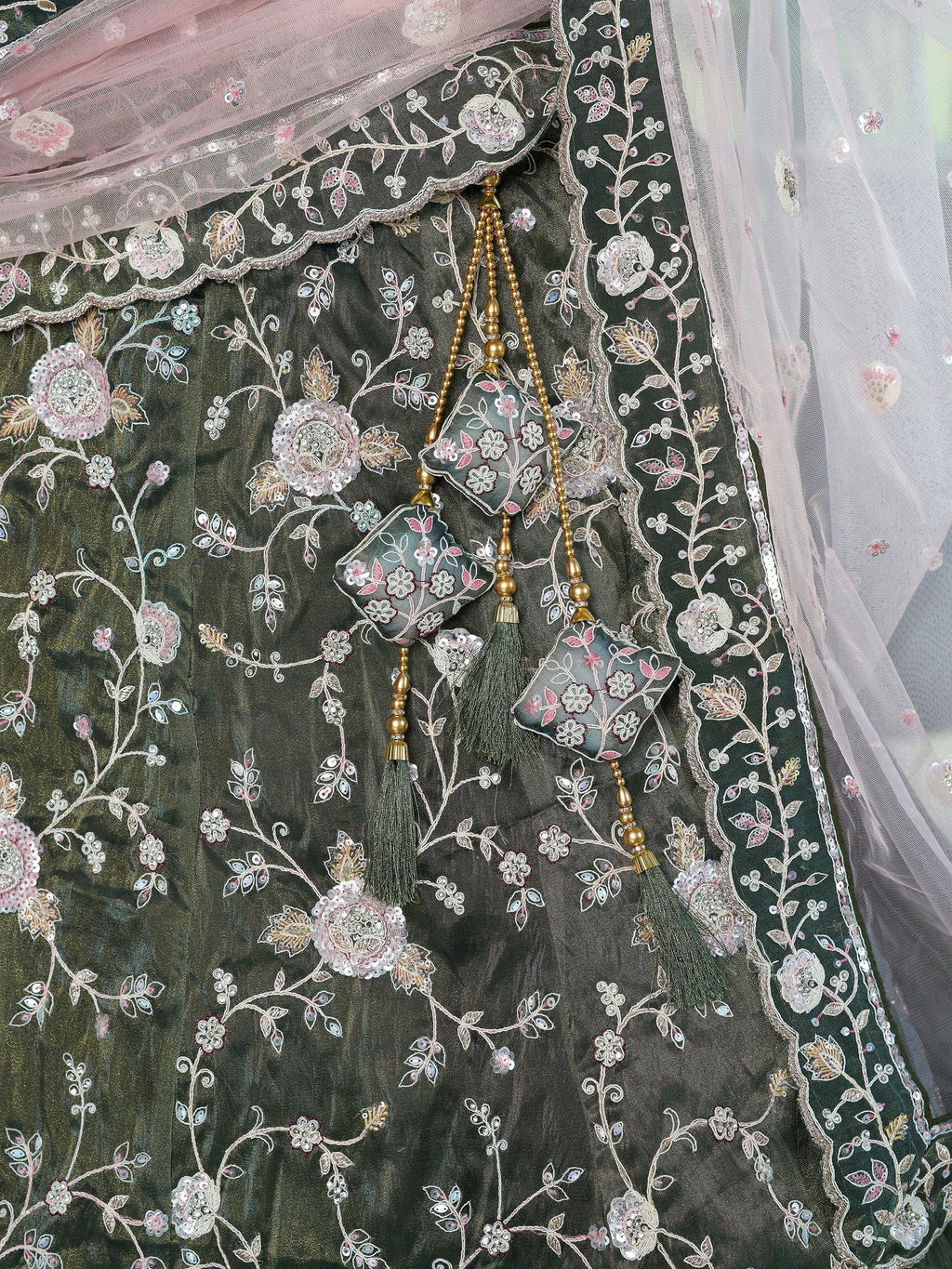 Attractive Olive Green Jarkan Work Silk Mehendi Wear Lehenga Choli
