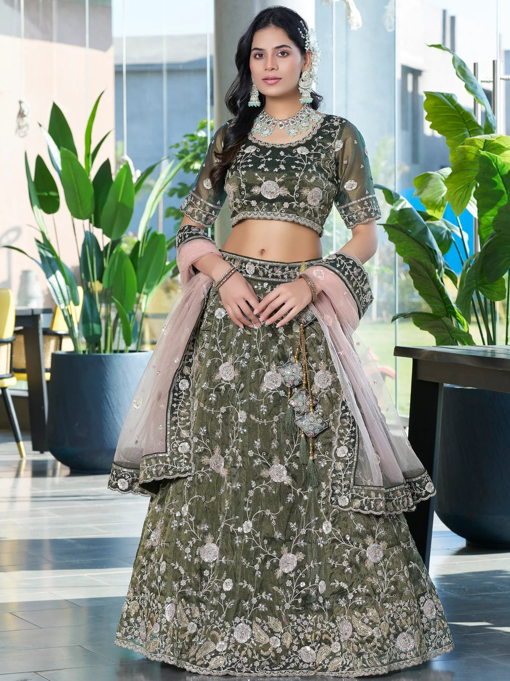 Attractive Olive Green Jarkan Work Silk Mehendi Wear Lehenga Choli