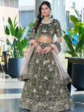 Attractive Olive Green Jarkan Work Silk Mehendi Wear Lehenga Choli